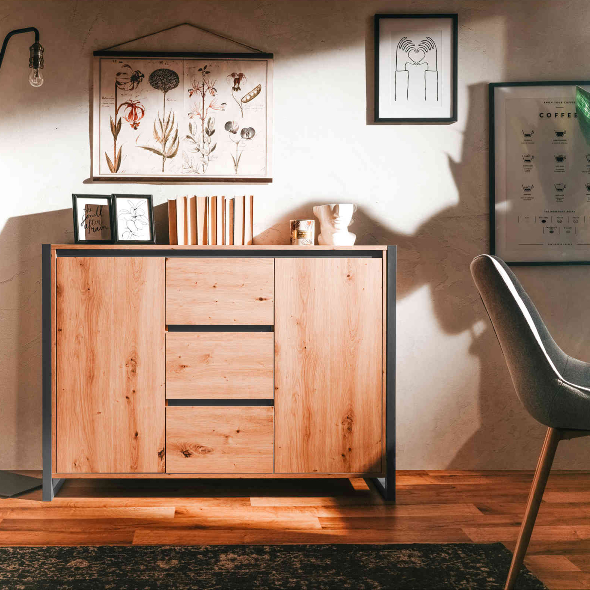 Commode 2 portes 3 tiroirs en bois imitation chêne - CO7109-2