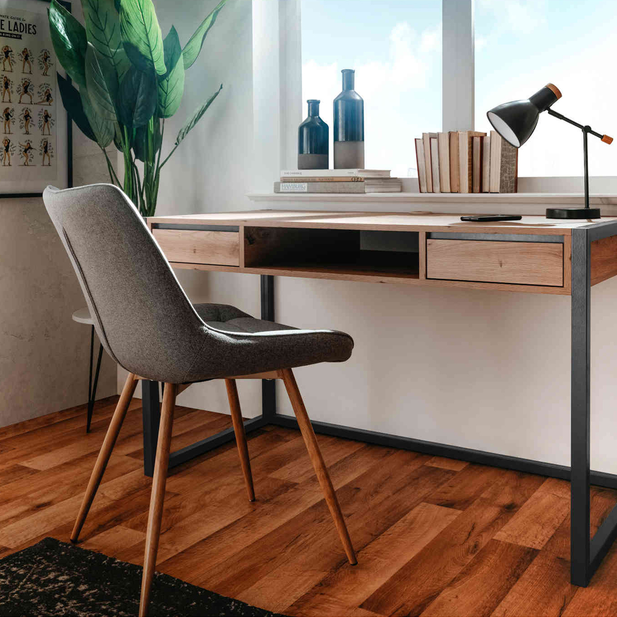 Bureau 2 tiroirs en bois imitation chêne - BU7109