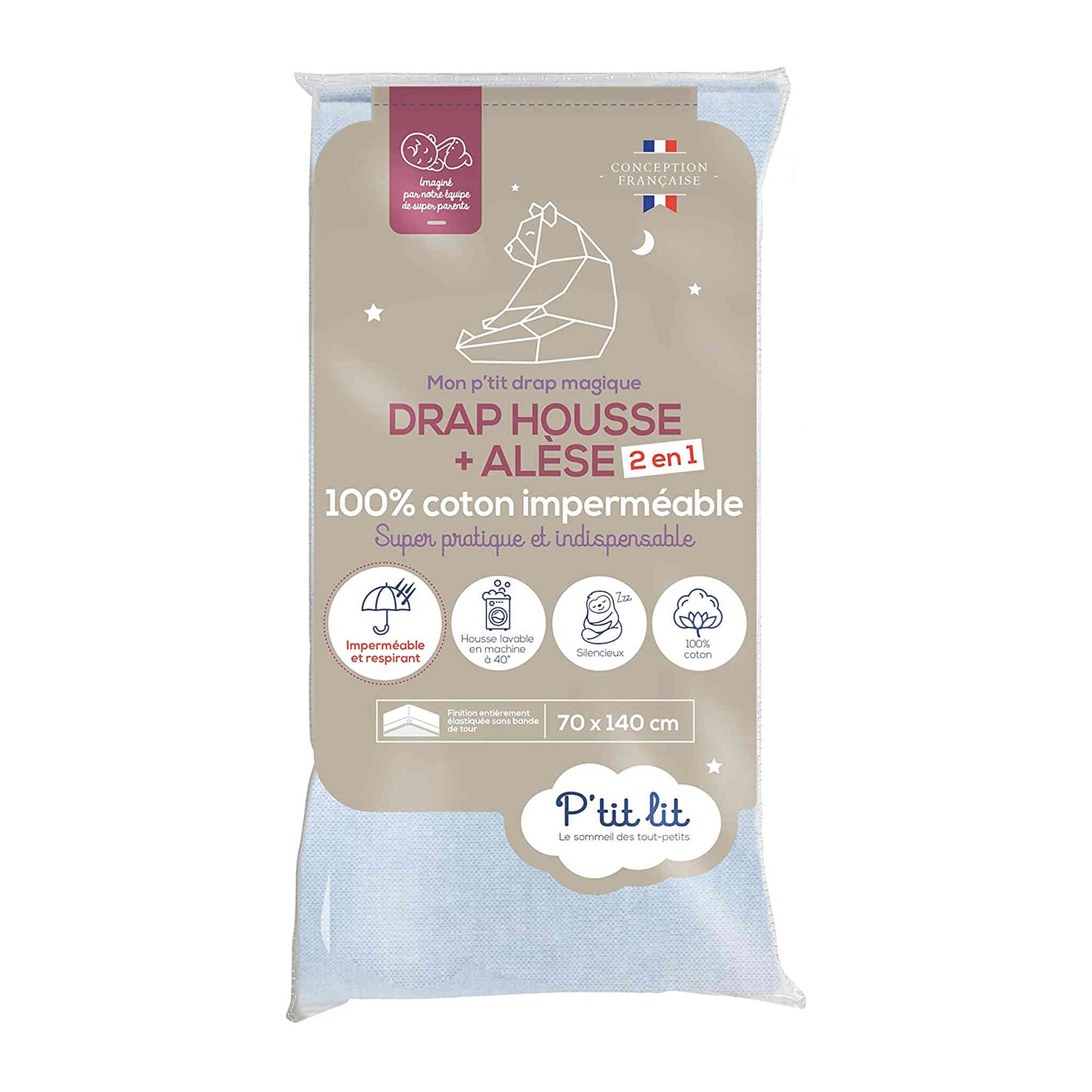 Drap housse bébé + alèse 2 en 1 coton imperméable gris 70x140 cm