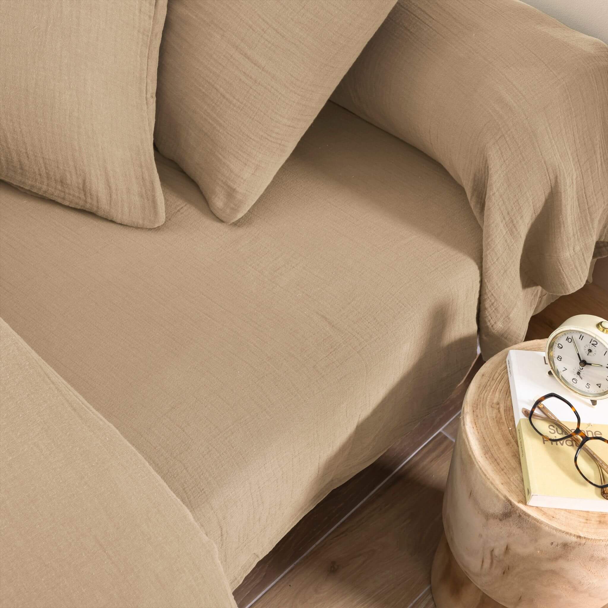 Drap housse 90x190 gaze de coton beige Terre de Nuit NOA