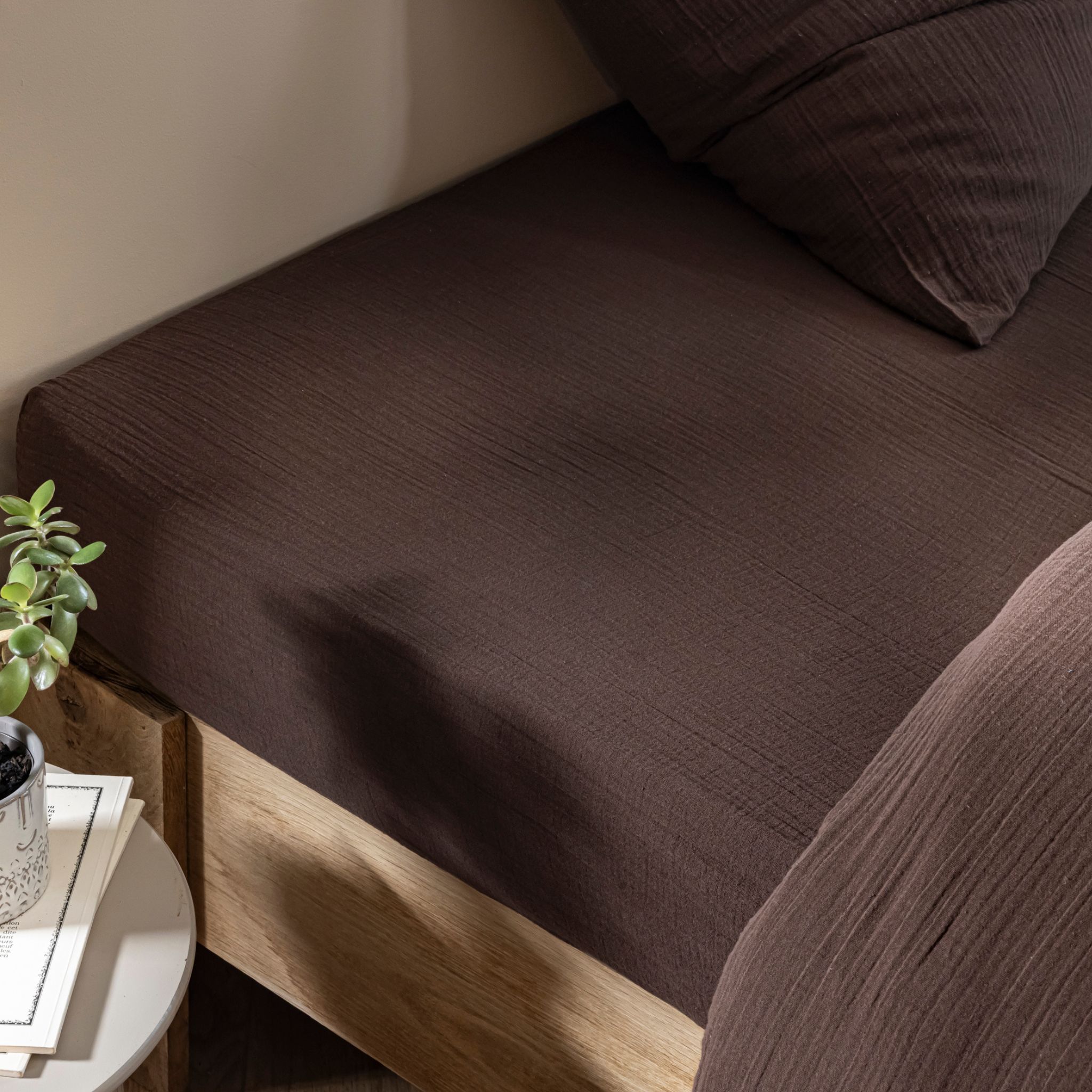 Drap housse 140x190 gaze de coton marron Terre de Nuit JUNE