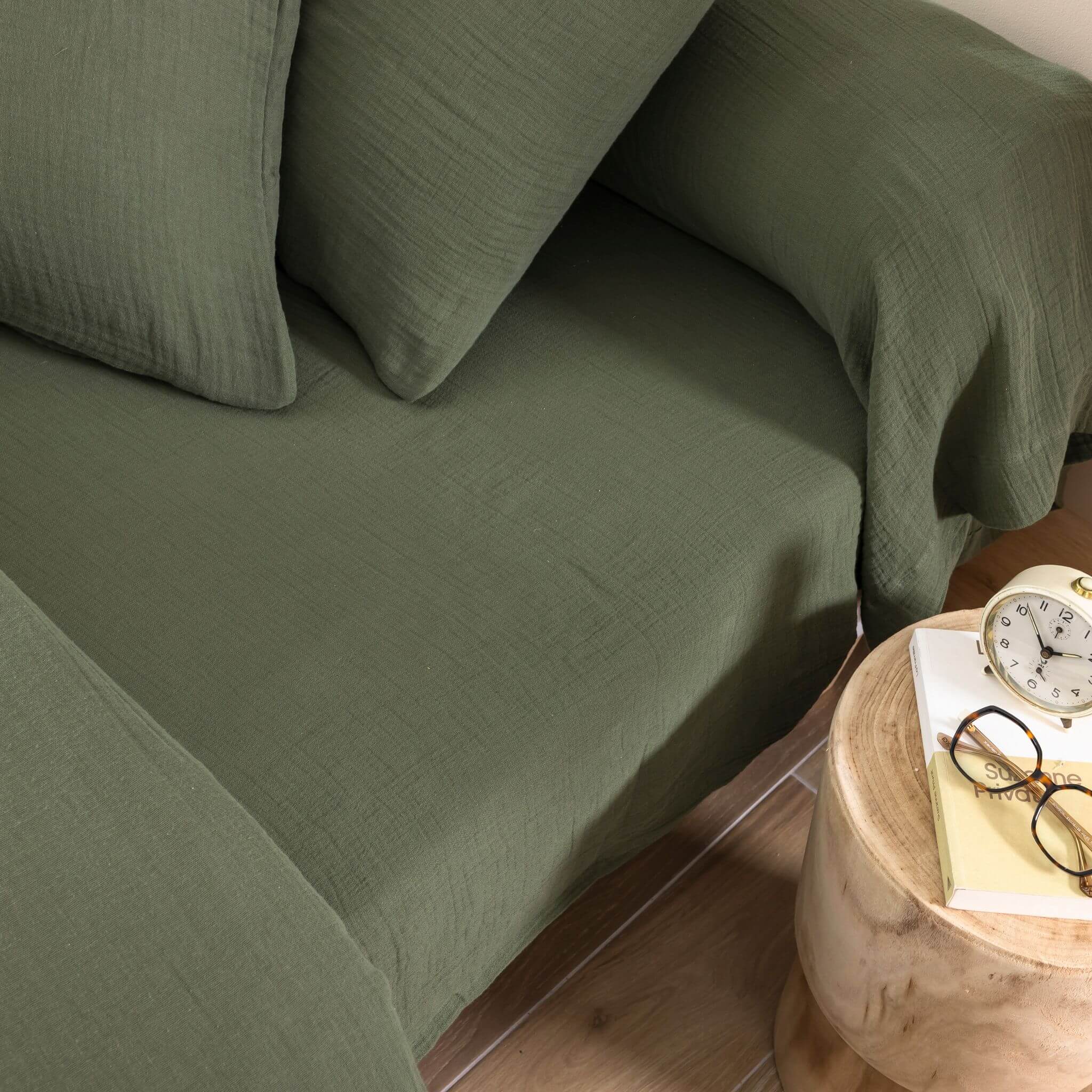 Drap housse gaze de coton kaki Terre de Nuit NOA