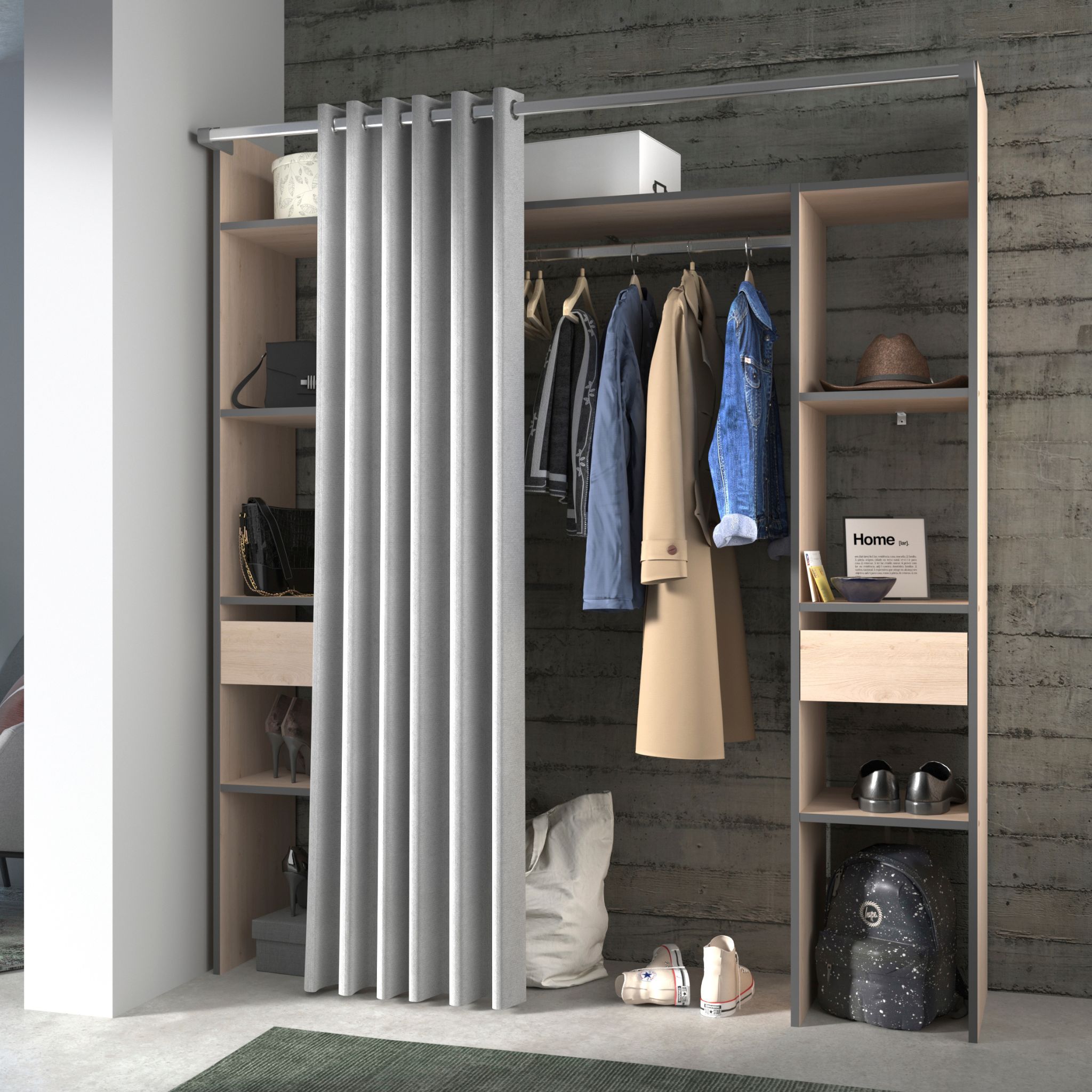 Dressing ouvert avec rideau bois naturel et détails gris