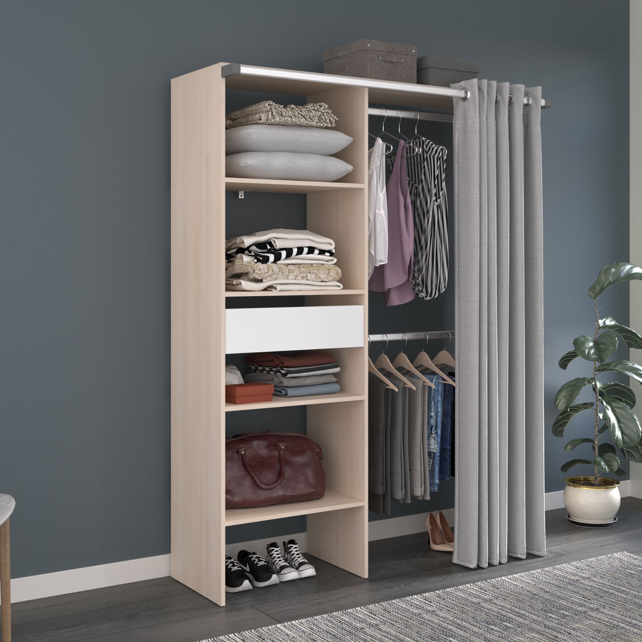 Dressing ouvert avec rideau et étagères 182 cm blanc