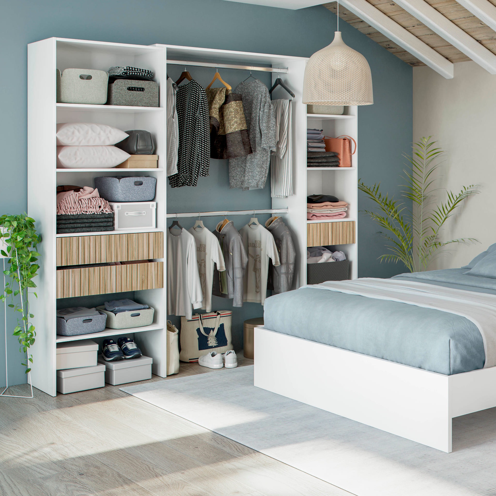 Dressing ouvert avec étagères et 3 tiroirs blanc et bois naturel - DR81008