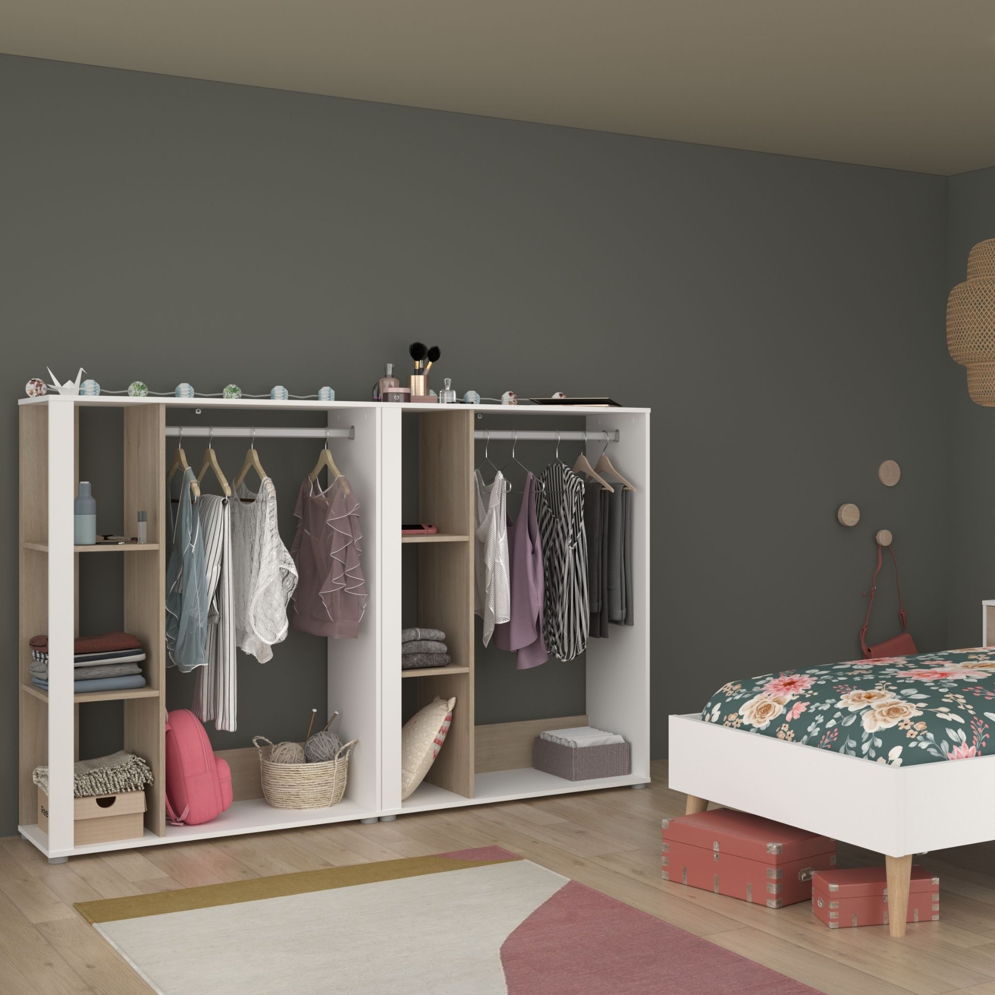 Dressing ouvert avec étagères et penderie bicolore GABY