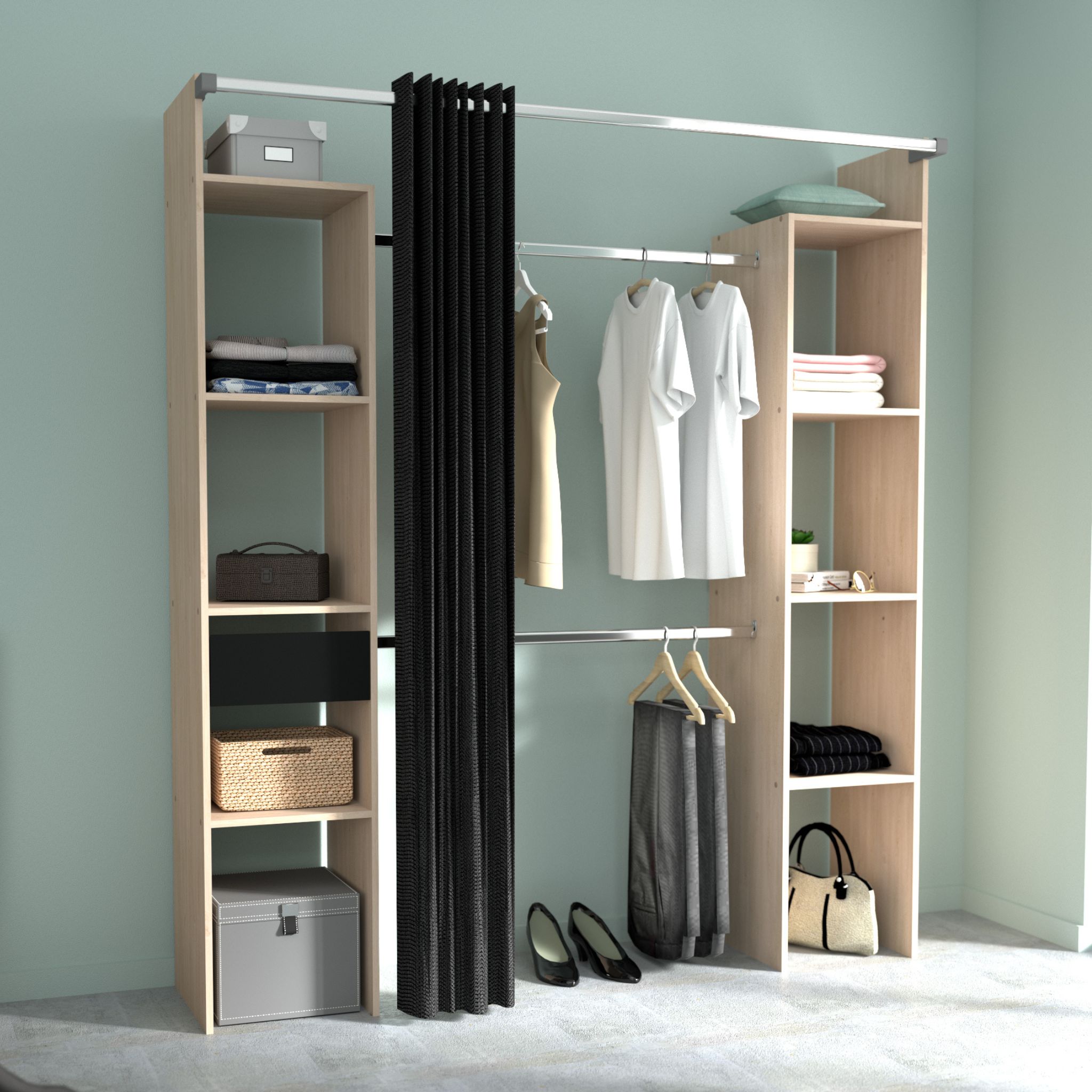 Dressing ouvert avec rideau noir et étagères