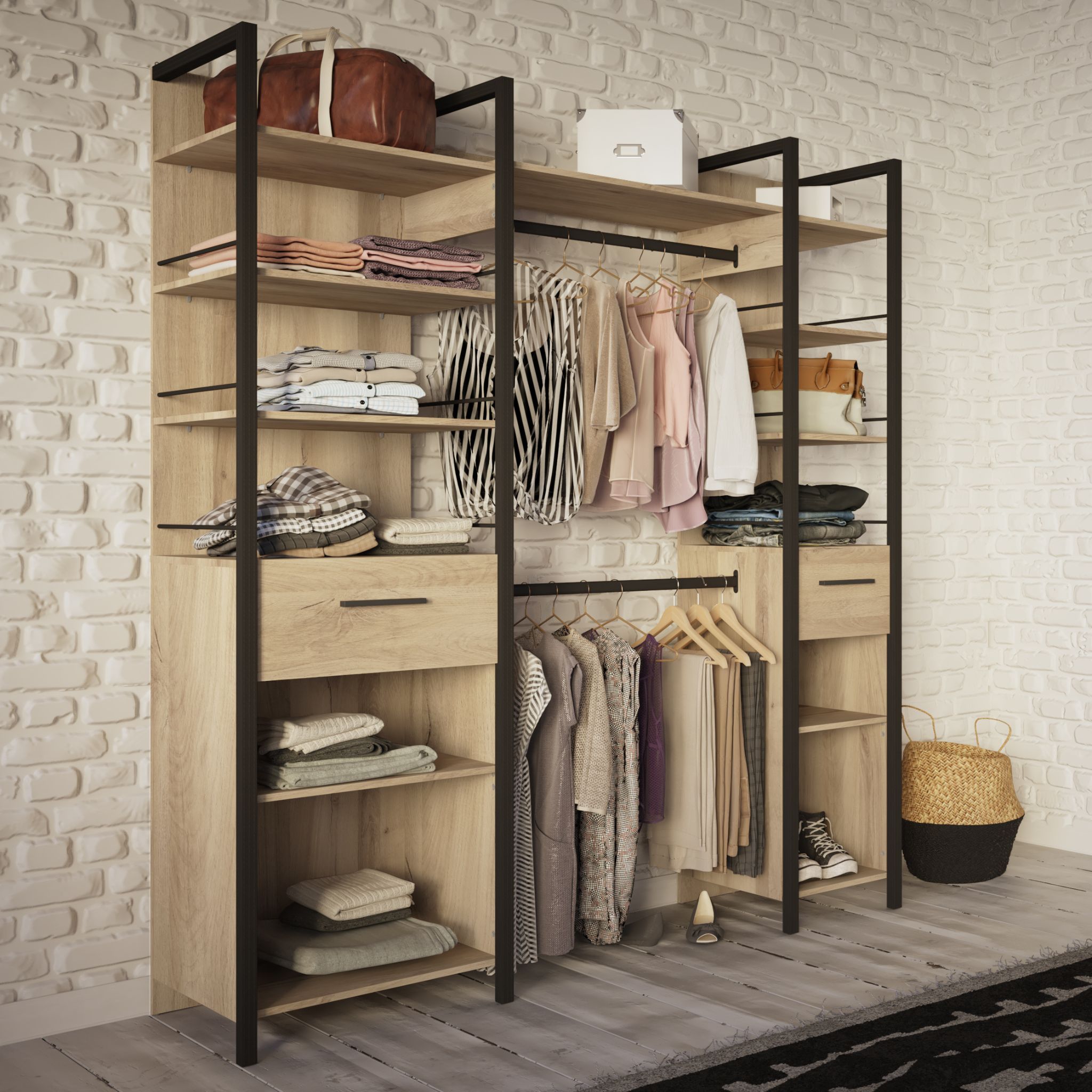 Dressing ouvert avec étagères et tiroirs bois clair - DR119