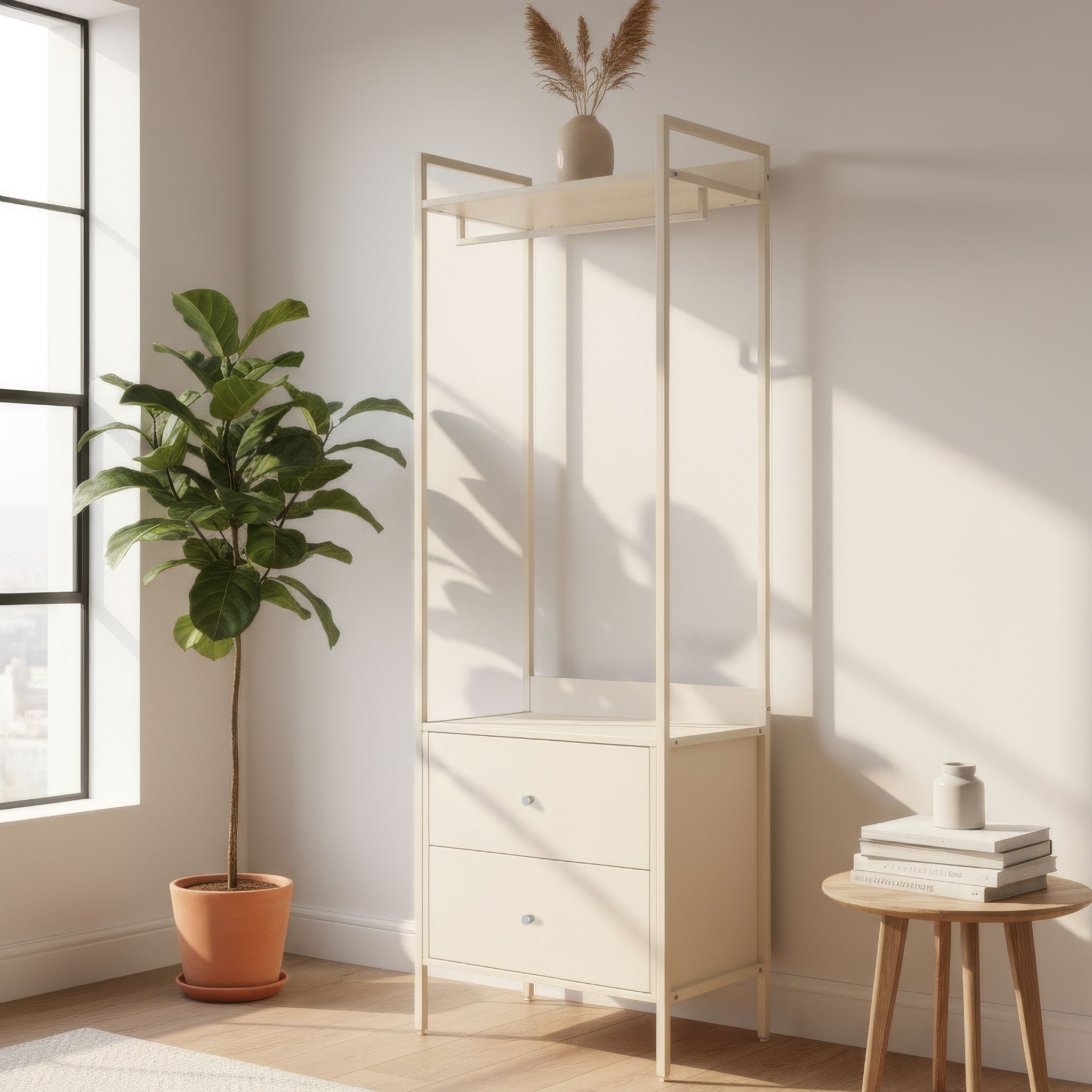 Dressing ouvert beige bois et métal avec tiroirs