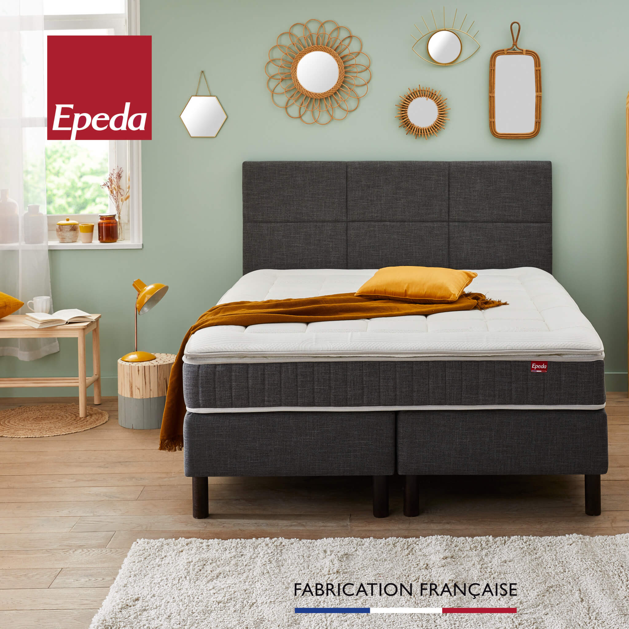 Ensemble boxspring sommier 3 en 1 + tête de lit + pieds Epeda ENCHANTEUR Chine gris