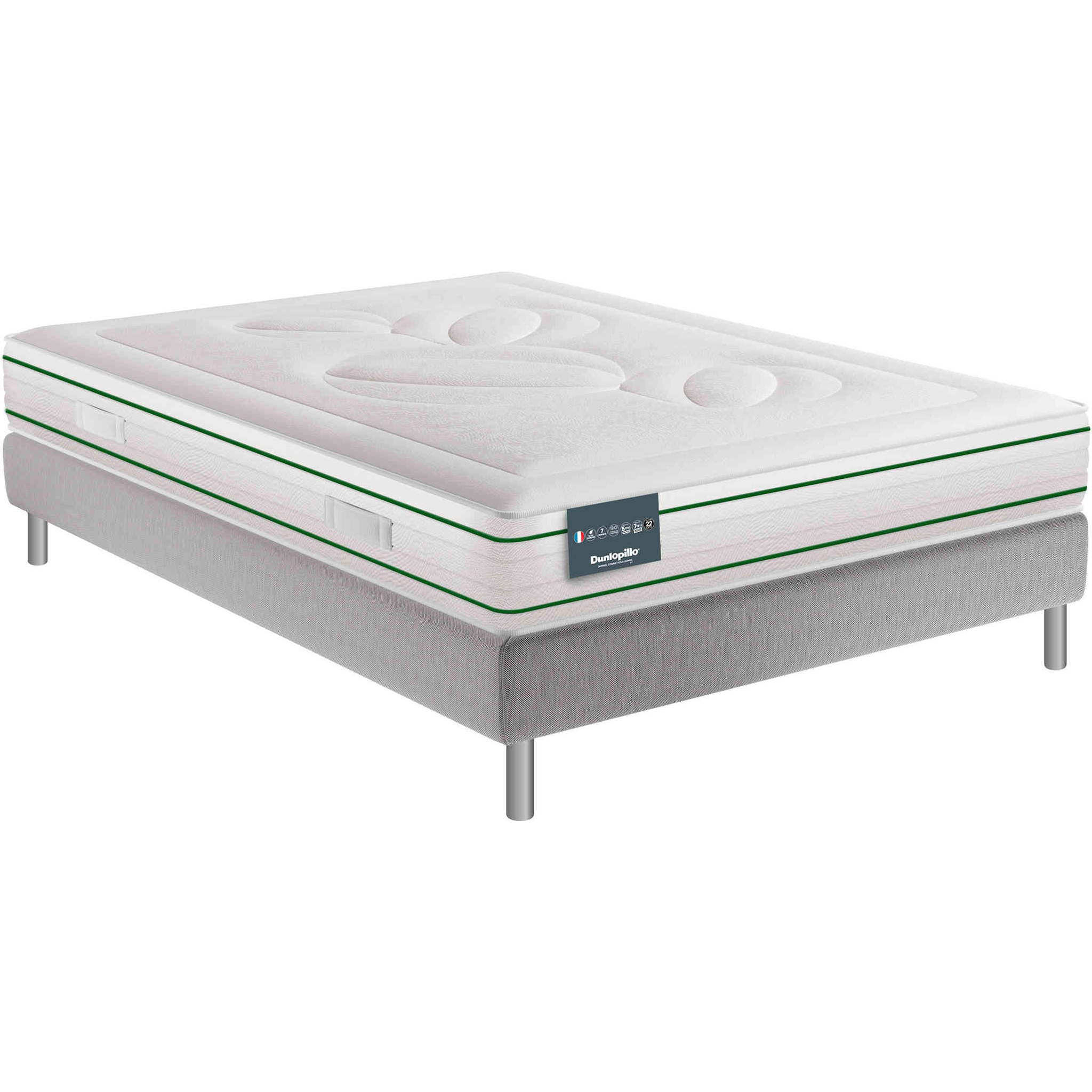Ensemble Dunlopillo 100% latex naturel 7 zones 22cm HORTENSE, matelas, sommier, pieds
