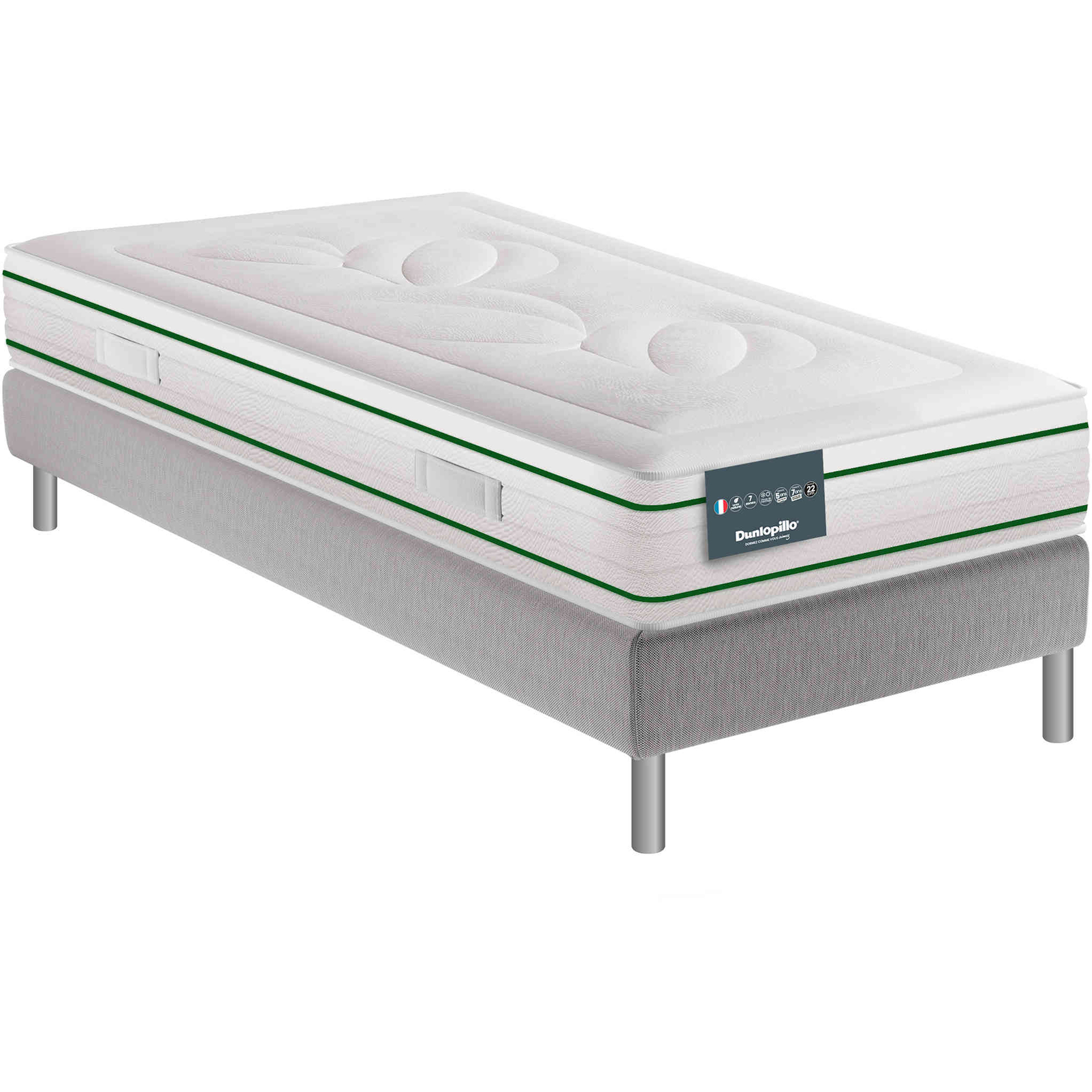 Ensemble Dunlopillo 100% latex naturel 7 zones 22cm HORTENSE, matelas, sommier, pieds