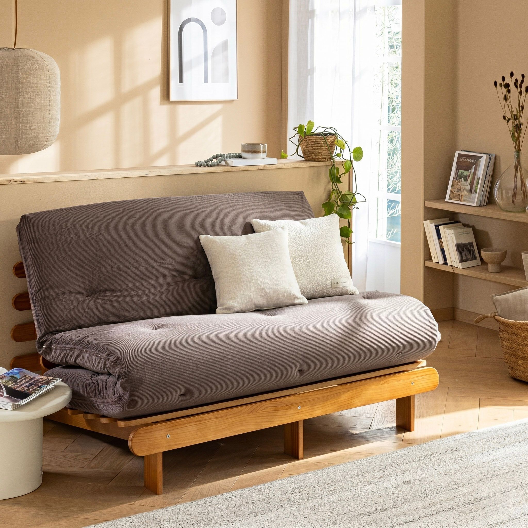 Ensemble banquette et matelas futon mémoire de forme ferme velours côtelé Chocolat Terre de Nuit