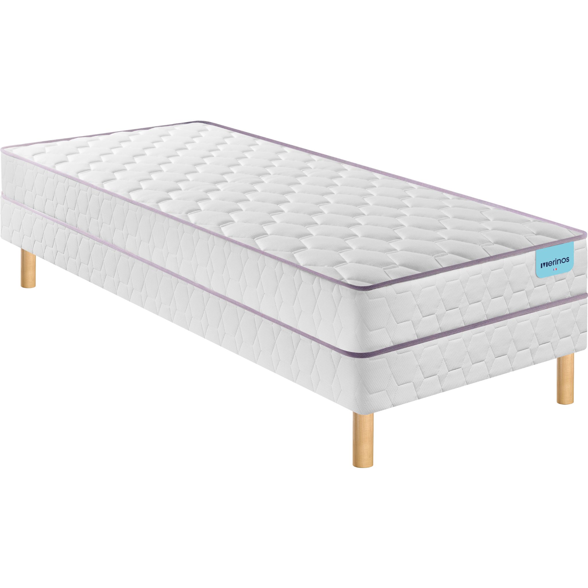 Ensemble Merinos matelas ressorts ensachés Natty, sommier Twist et pieds