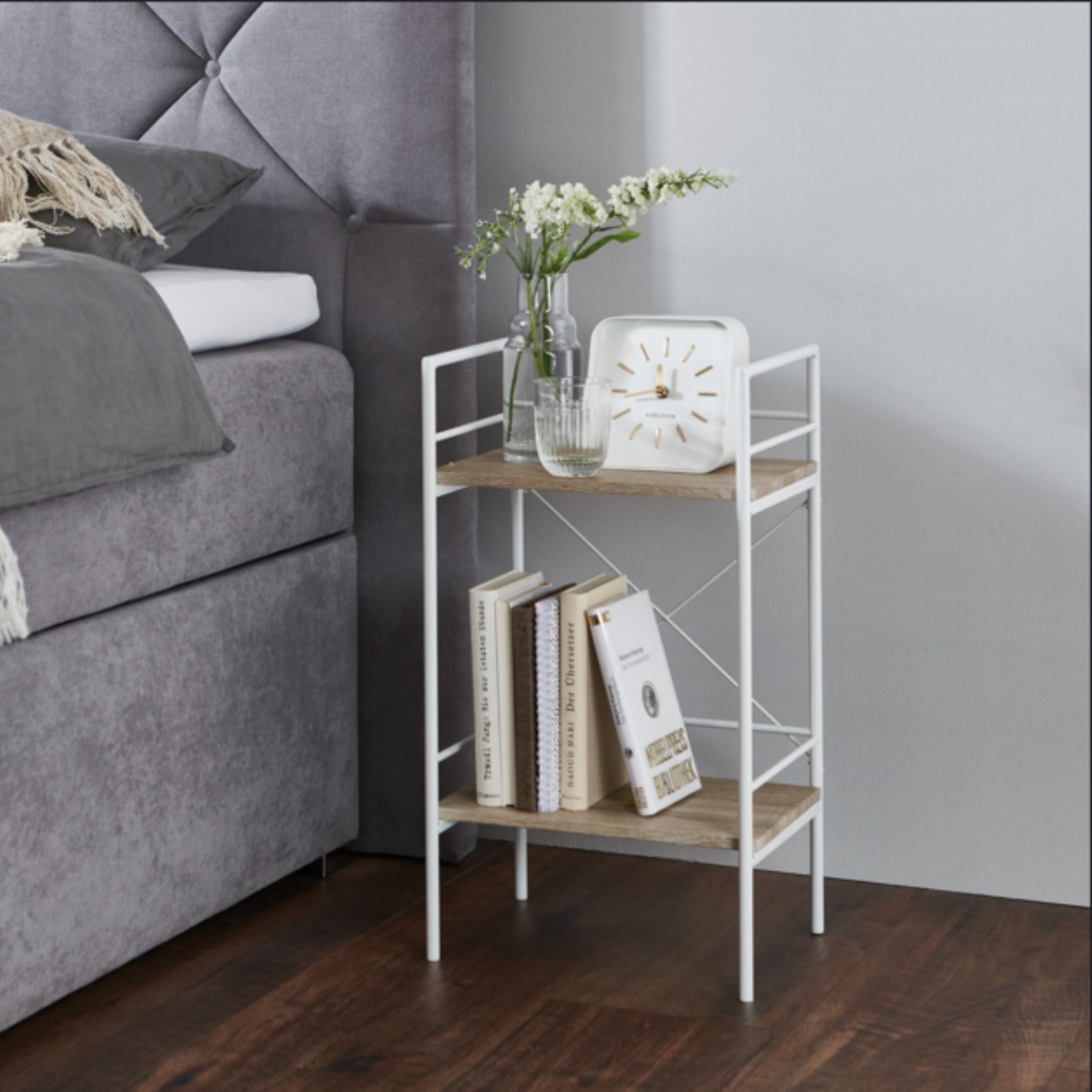 Etagère 2 plateaux en bois imitation chêne clair et blanc laqué - ET15006