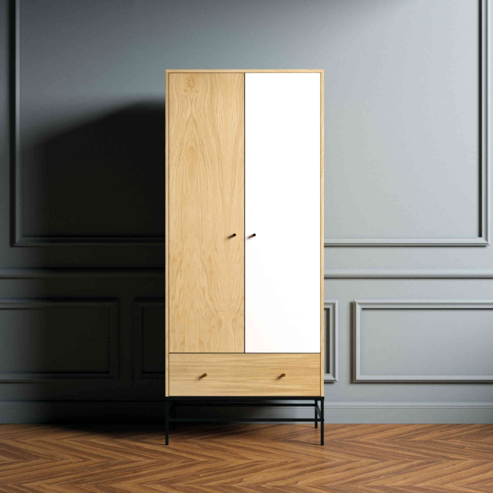 Armoire 2 portes 1 tiroir en bois imitation chêne naturel avec pieds en acier - BI0046