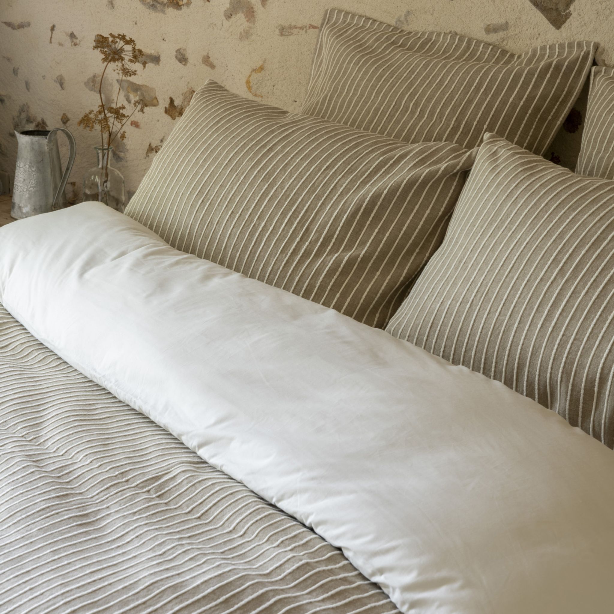 Housse de couette 240x220 coton rayure beige Terre de Nuit Dune