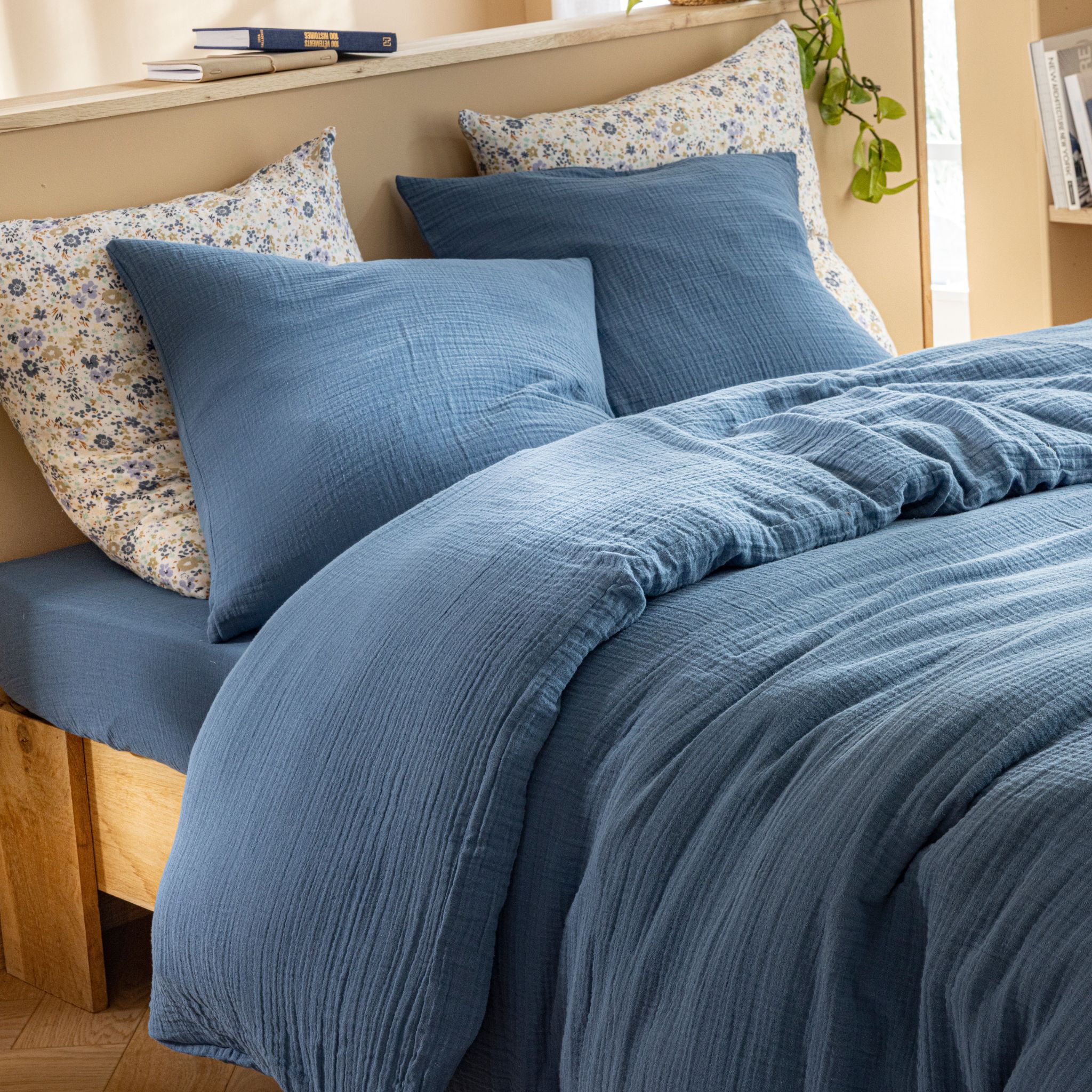 Housse de couette 140x200 gaze de coton bleu Terre de Nuit JUNE