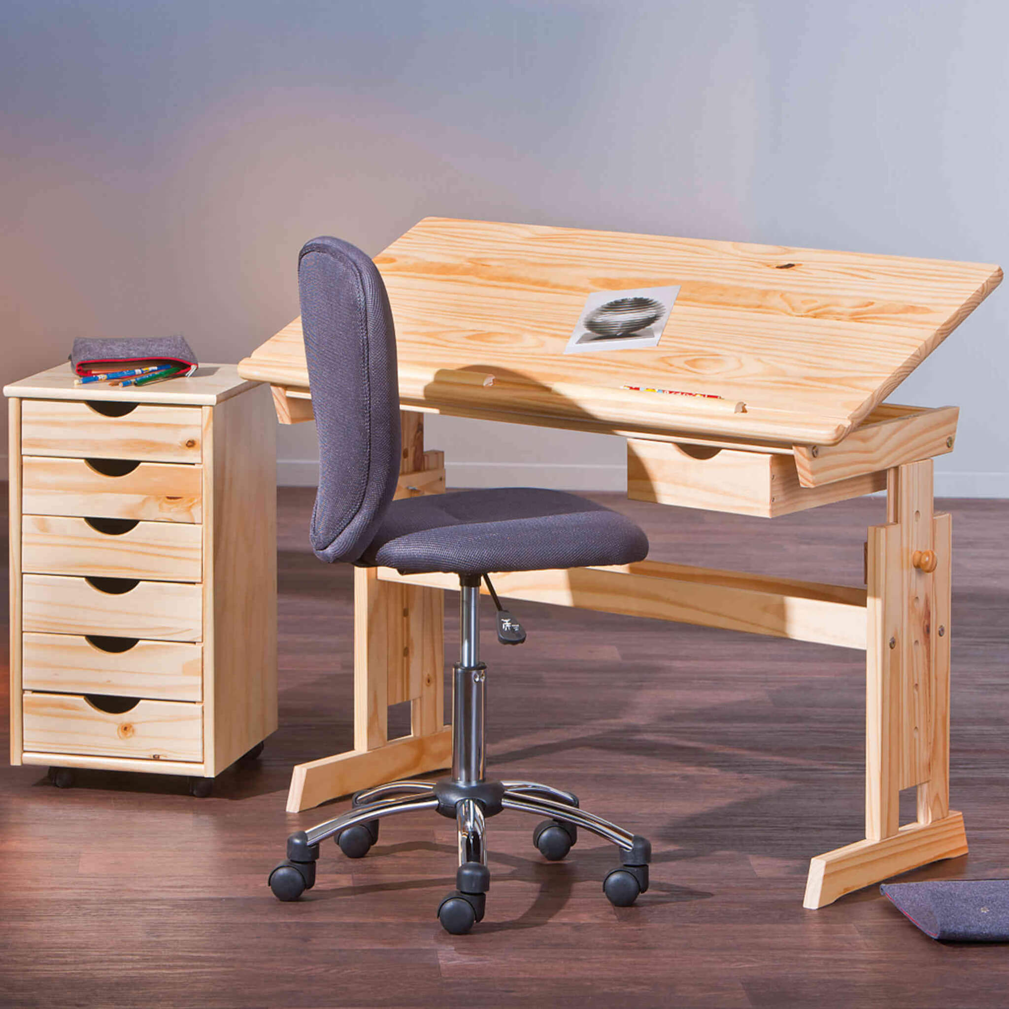 Bureau enfant à plan inclinable + tiroir en bois clair - BU12058