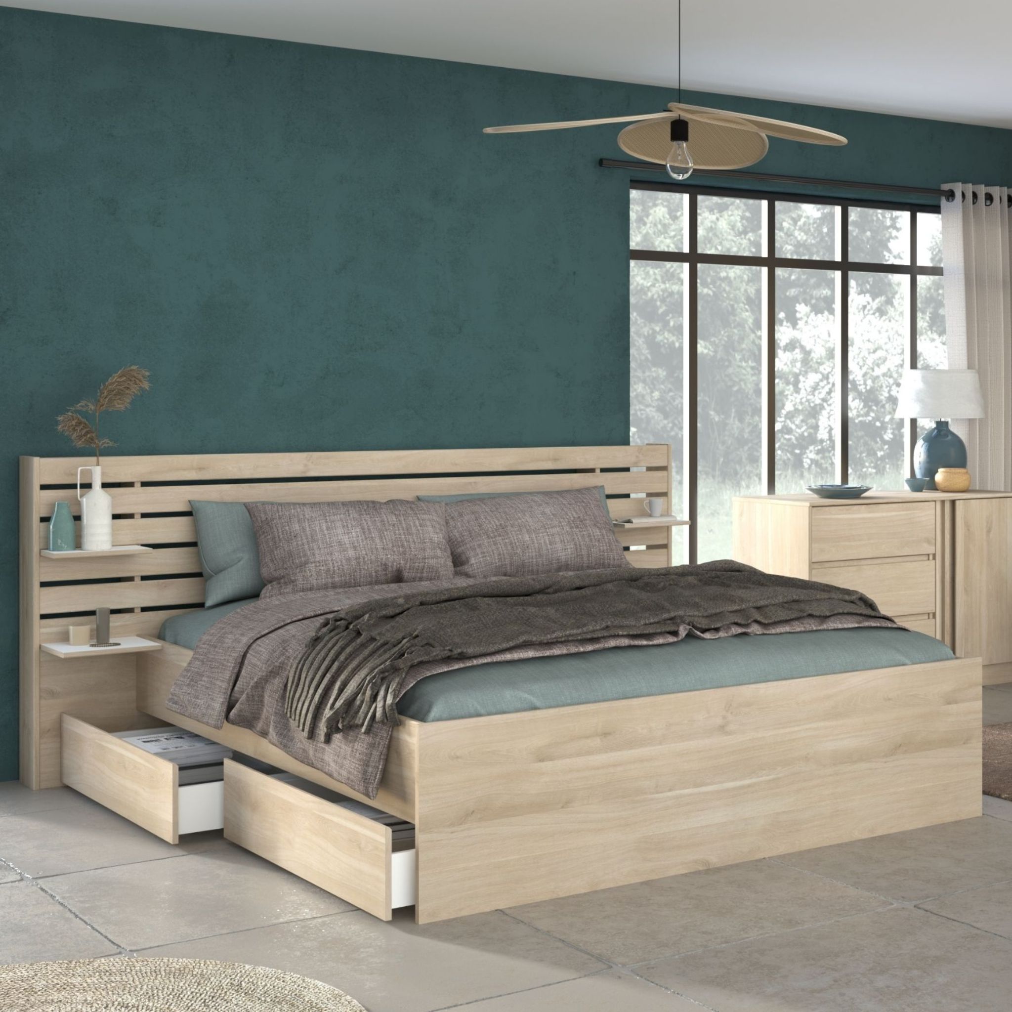 Lit adulte avec tête de lit et tiroirs bois naturel 140x200 CLEM