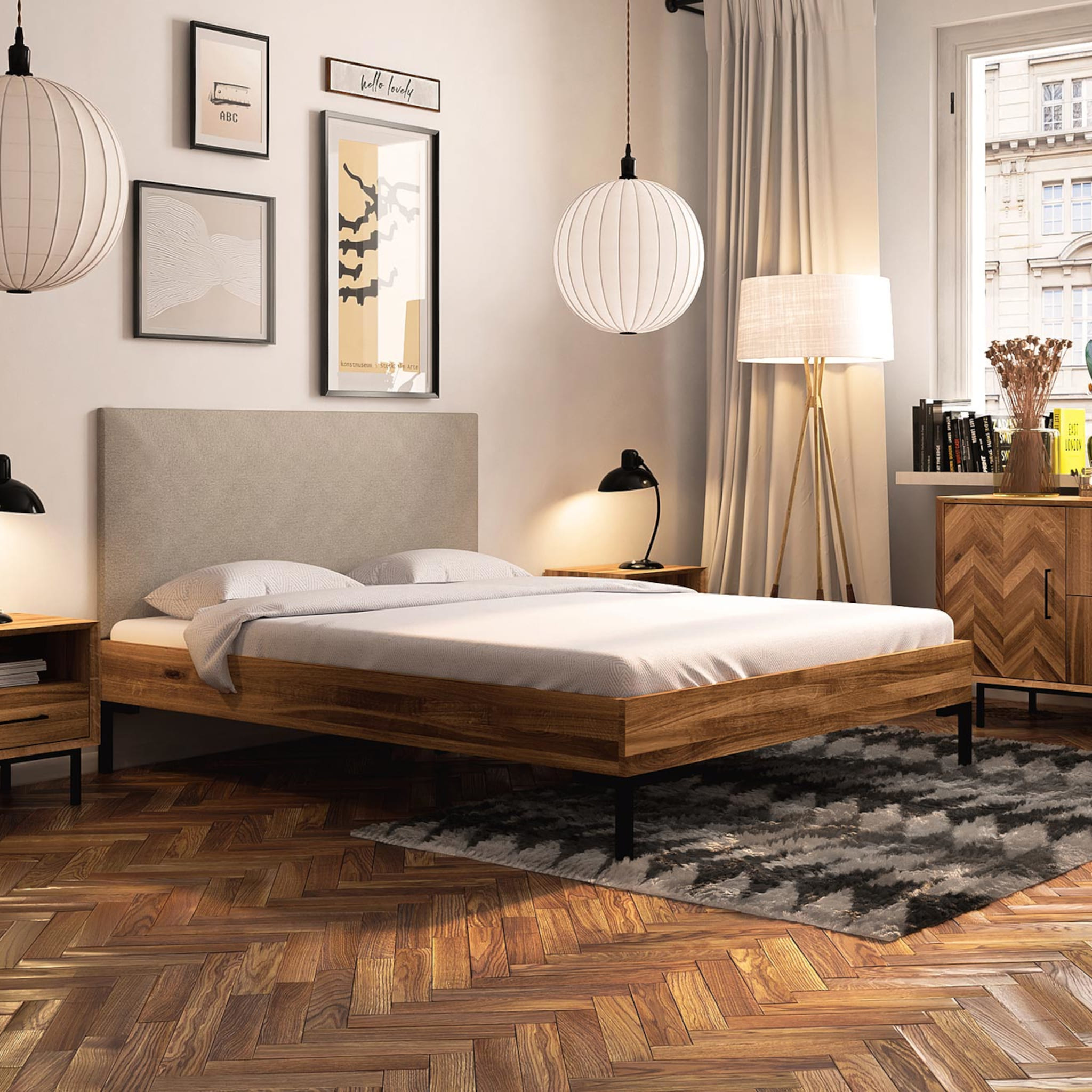 Lit en chêne massif clair 140x190 avec pieds en métal - LT36001