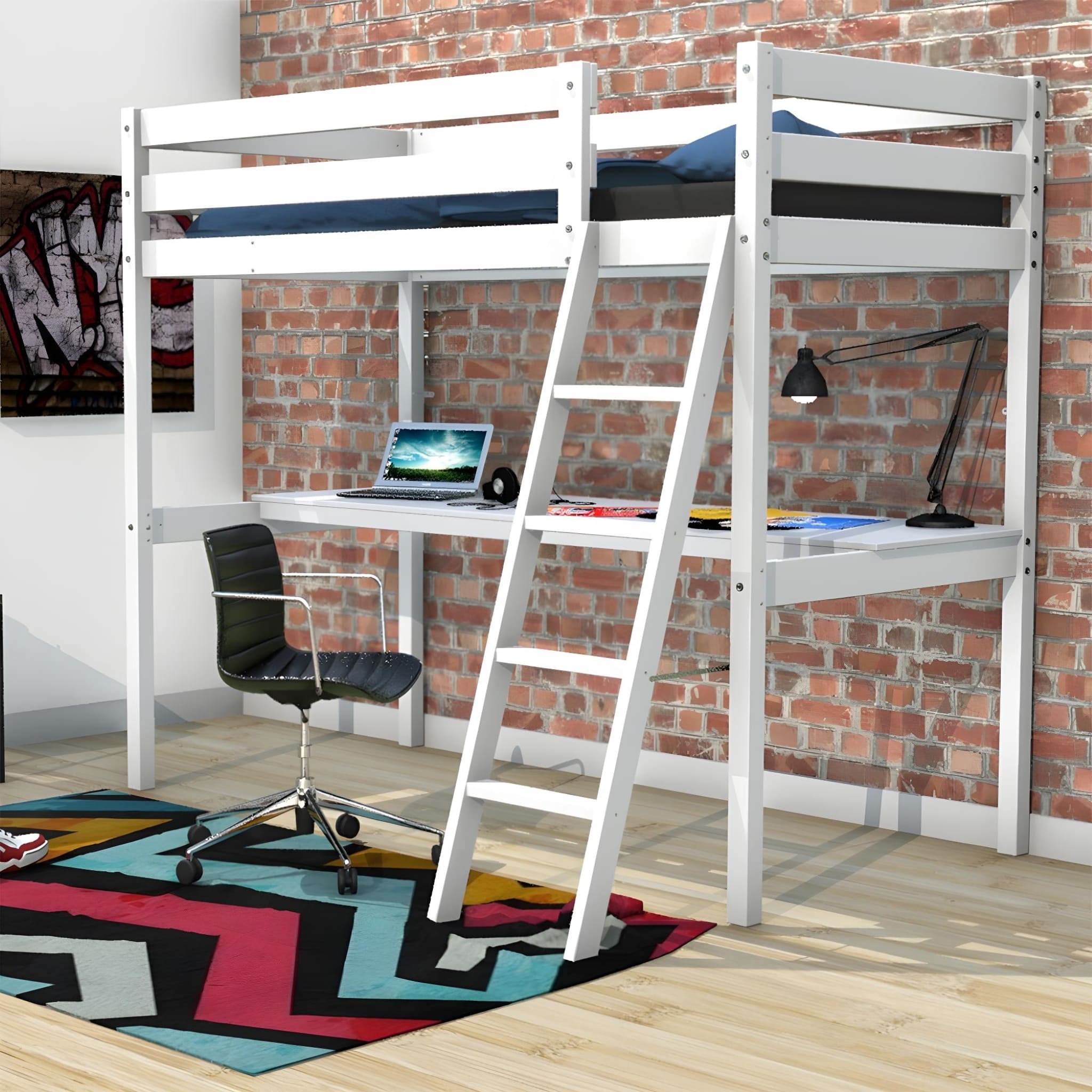 Lit mezzanine avec bureau en bois blanc 90x190 - LT14038