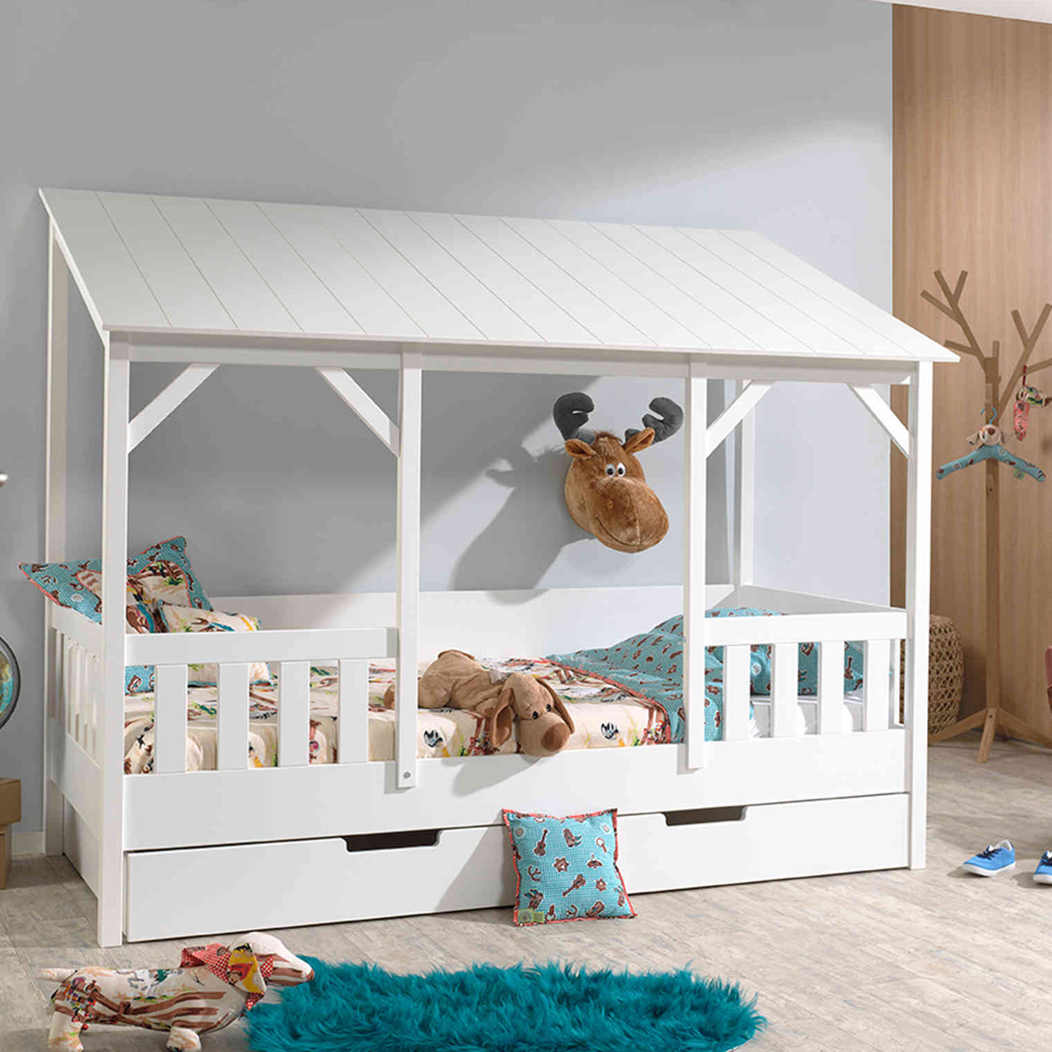 Lit cabane enfant avec toit blanc en bois 90x200 + tiroir de lit