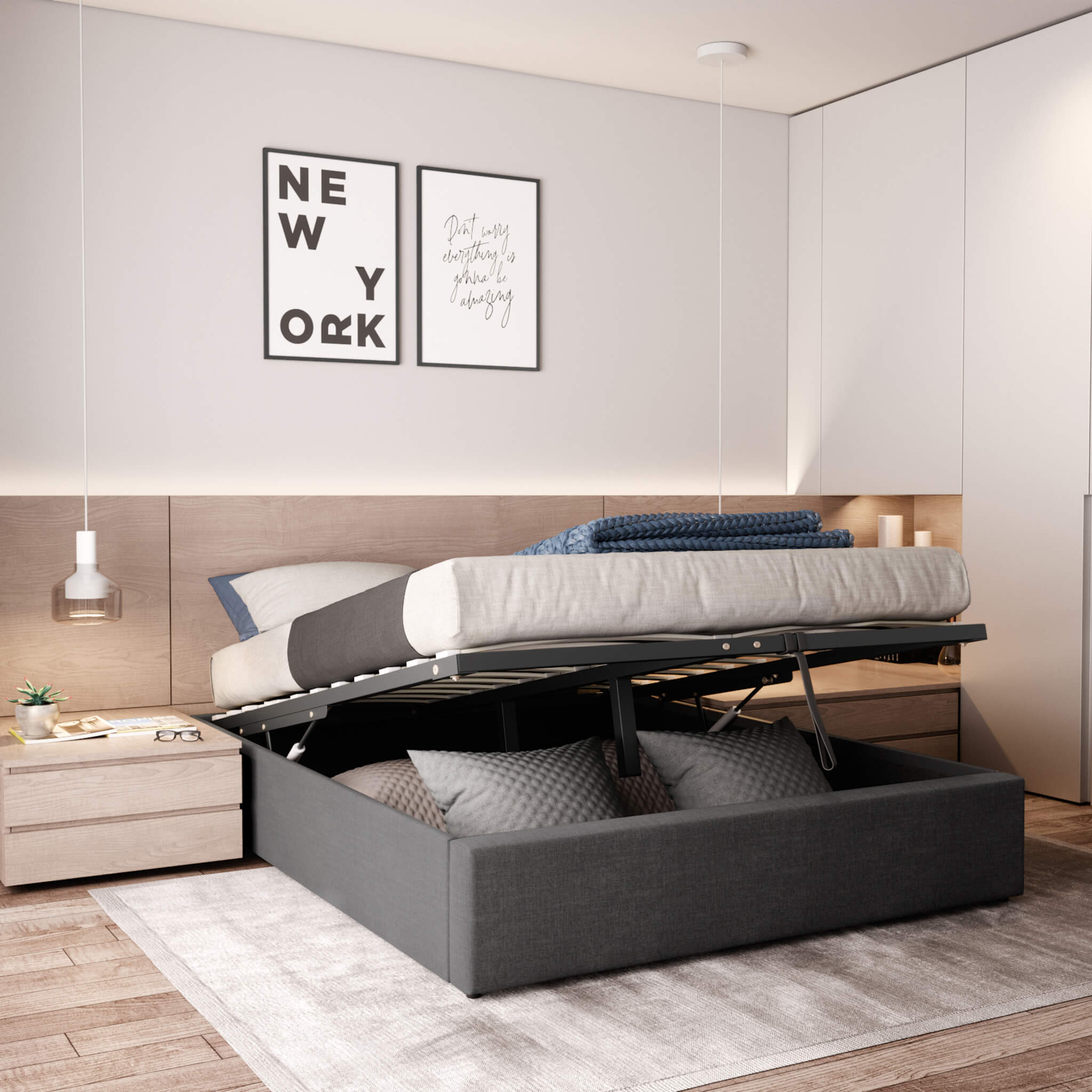 Lit coffre en bois massif anthracite avec sommier à lattes 160x200 - LT17017