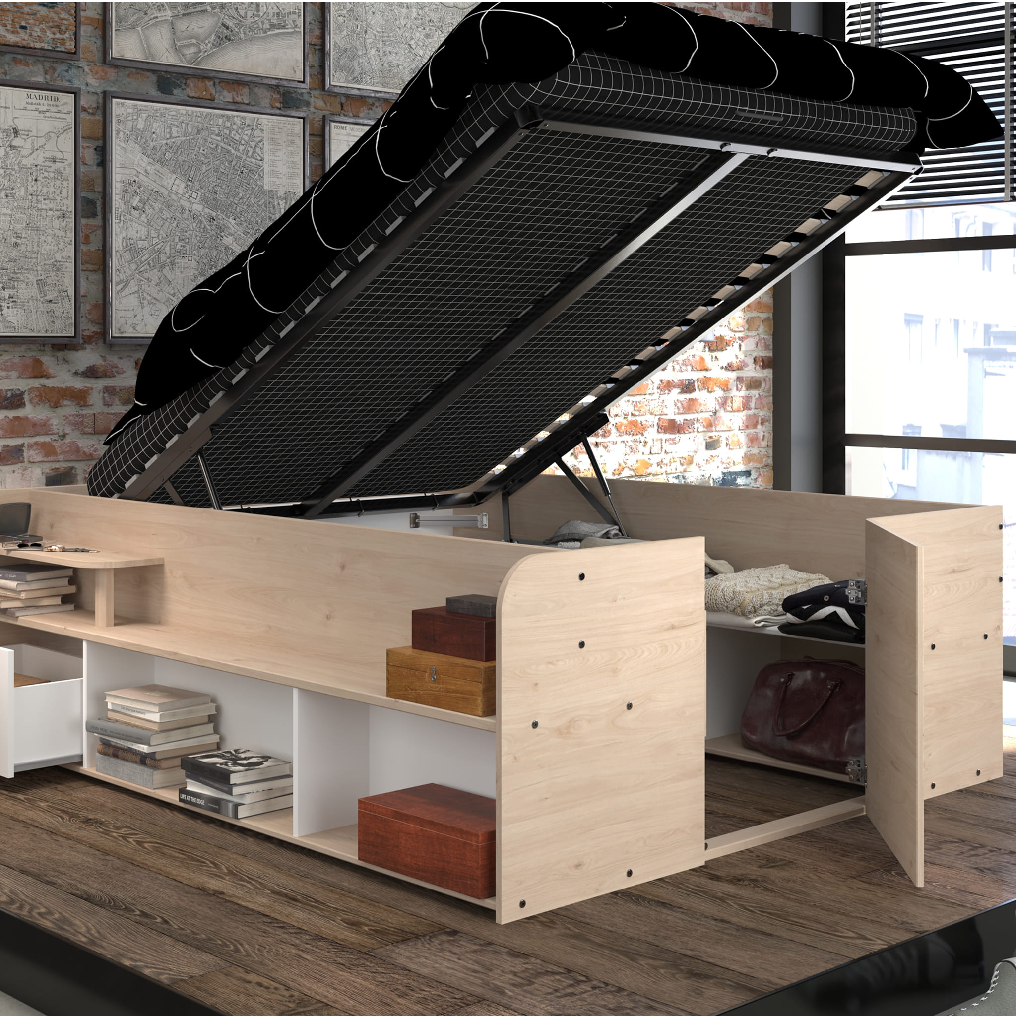 Lit coffre 140x190/200 avec multiples rangements blanc