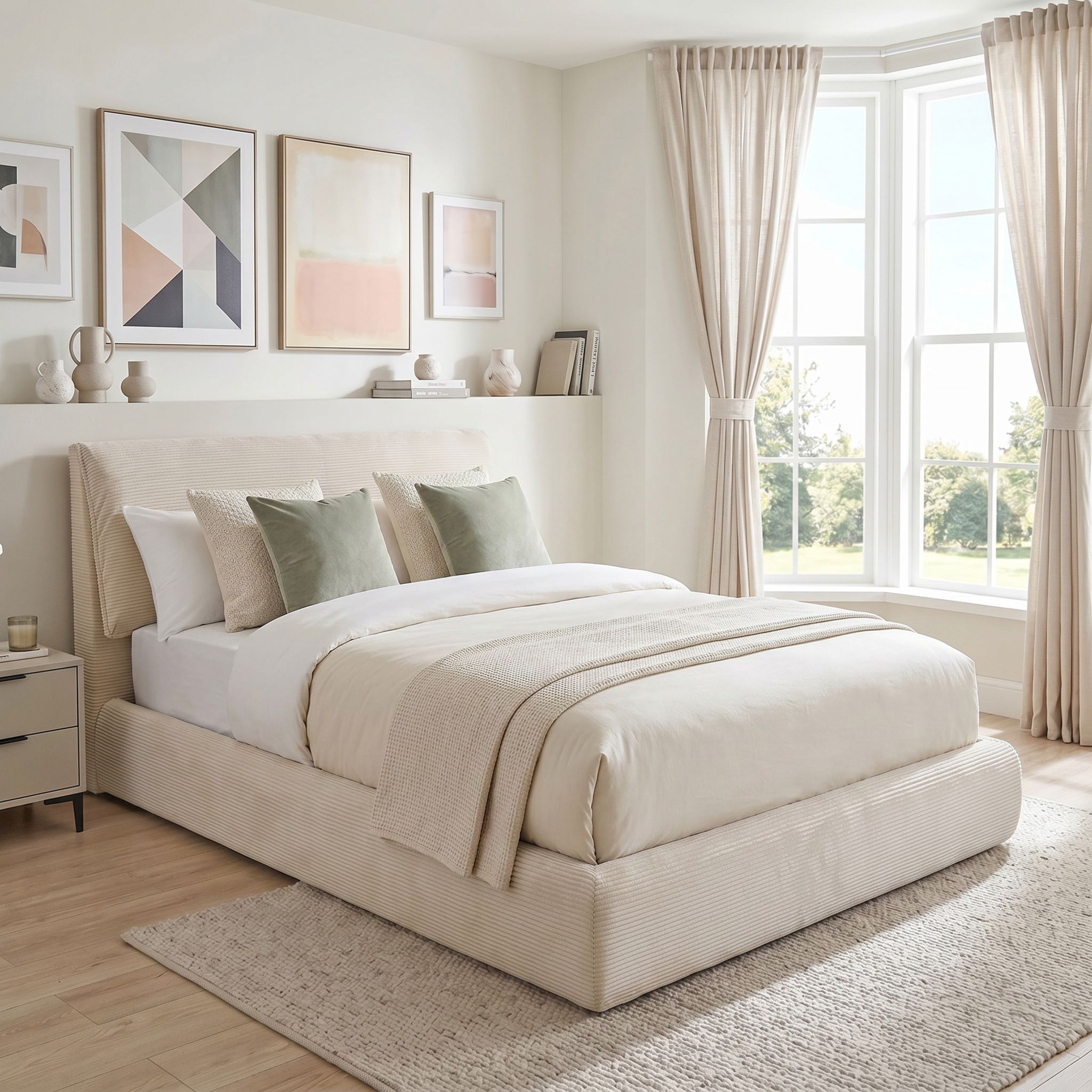 Lit coffre 160x200 velours côtelé beige Terre de Nuit