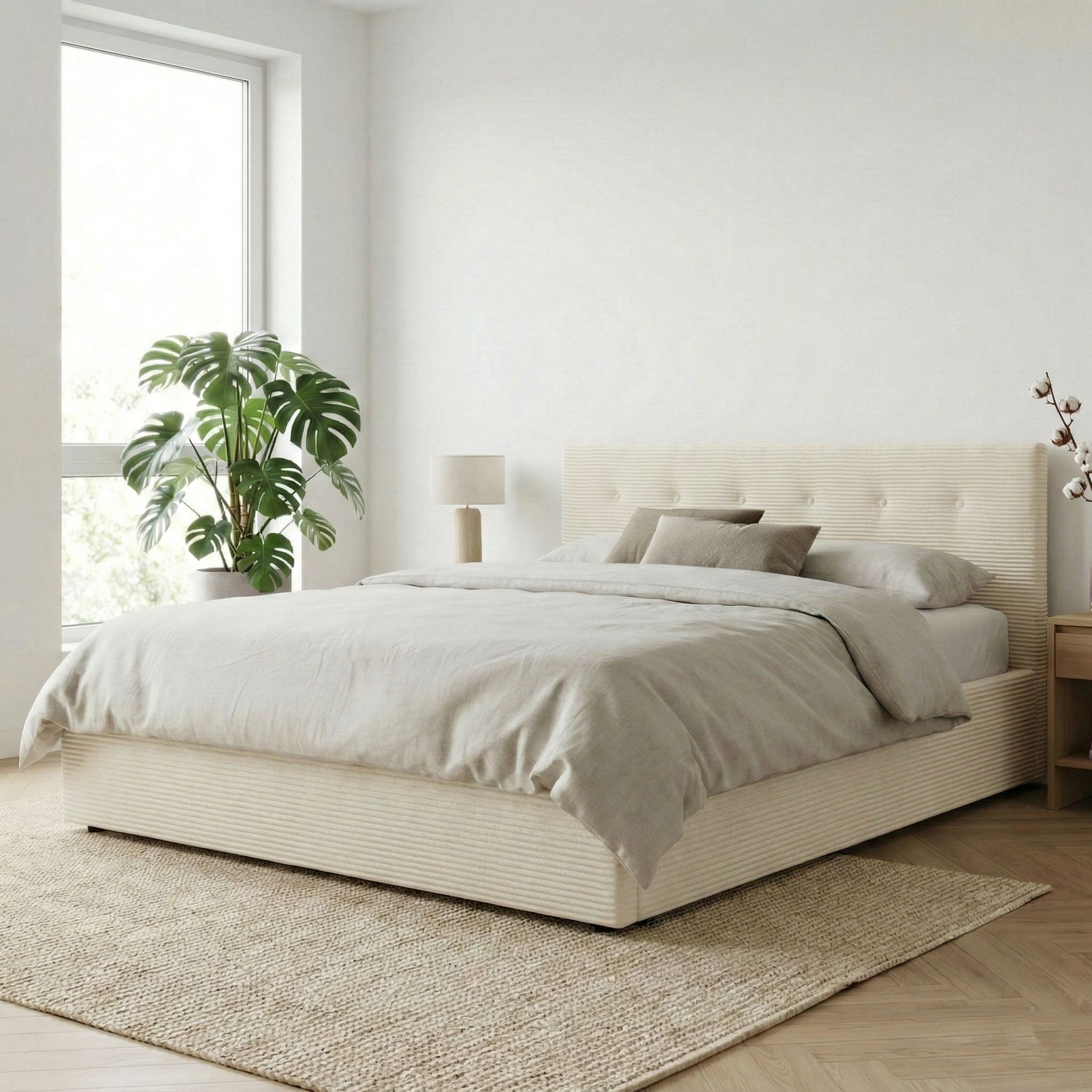 Lit coffre 140x190 velours côtelé écru avec tête de lit Terre de Nuit