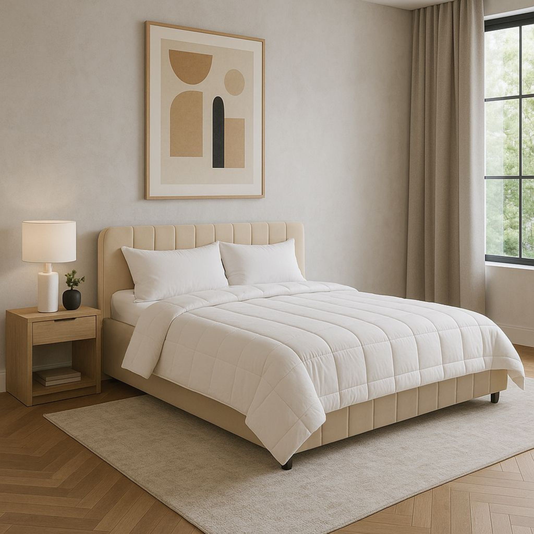 Lit coffre en velours avec tête de lit rembourrée écru