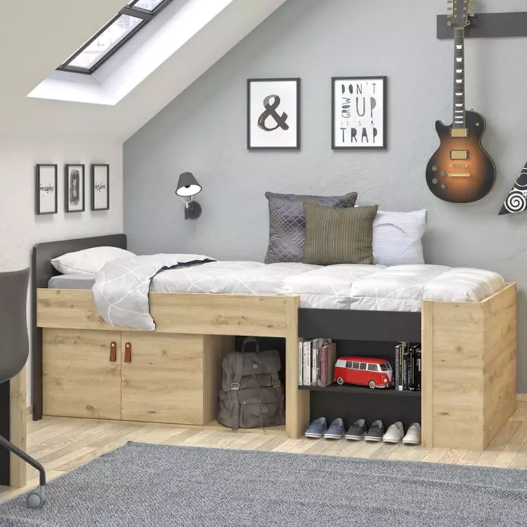 Lit tiroir enfant avec niches de rangement noir et imitation chêne 90x200 - LC5051