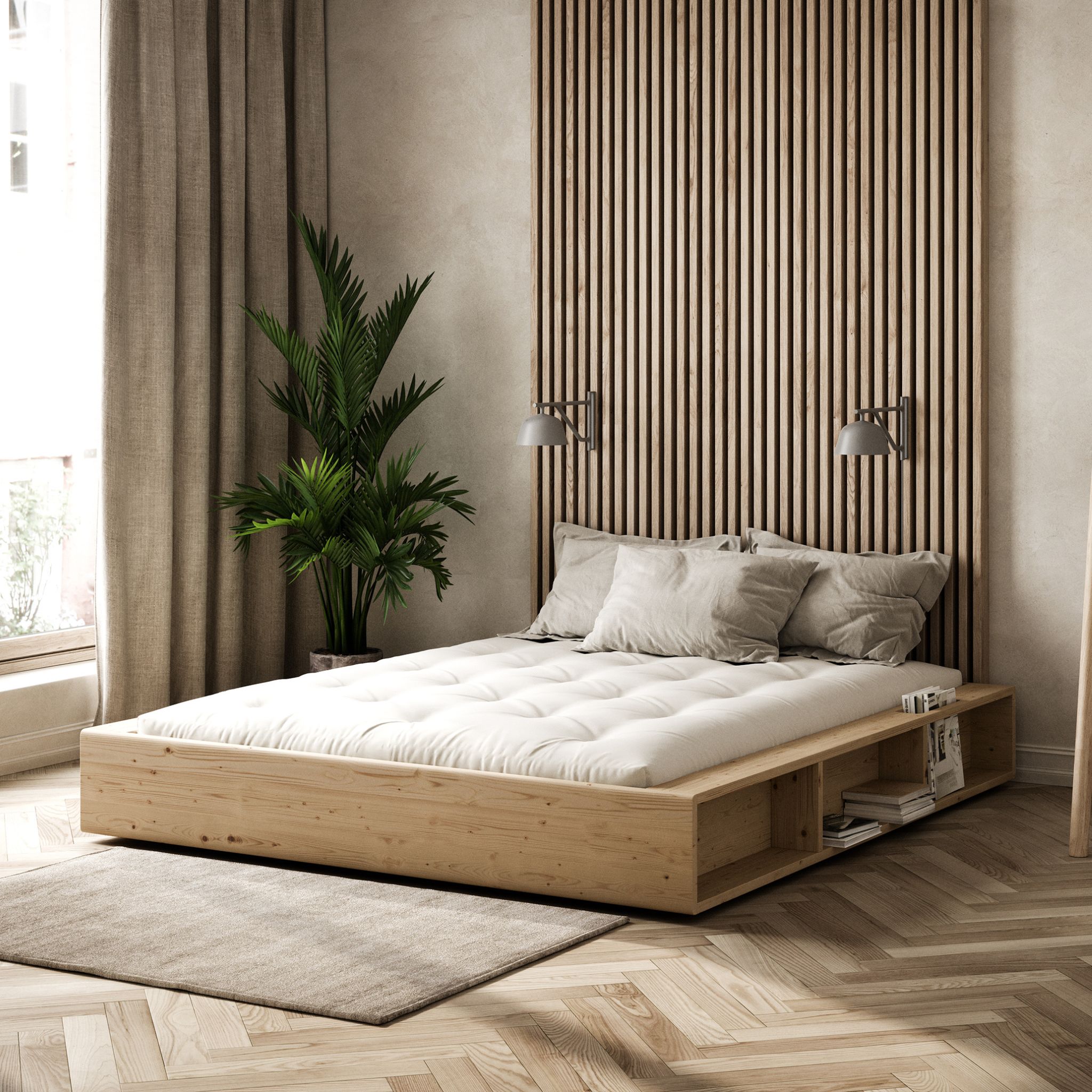 Lit ZIGGY en pin massif naturel 160x200 avec multiples rangements + tatami