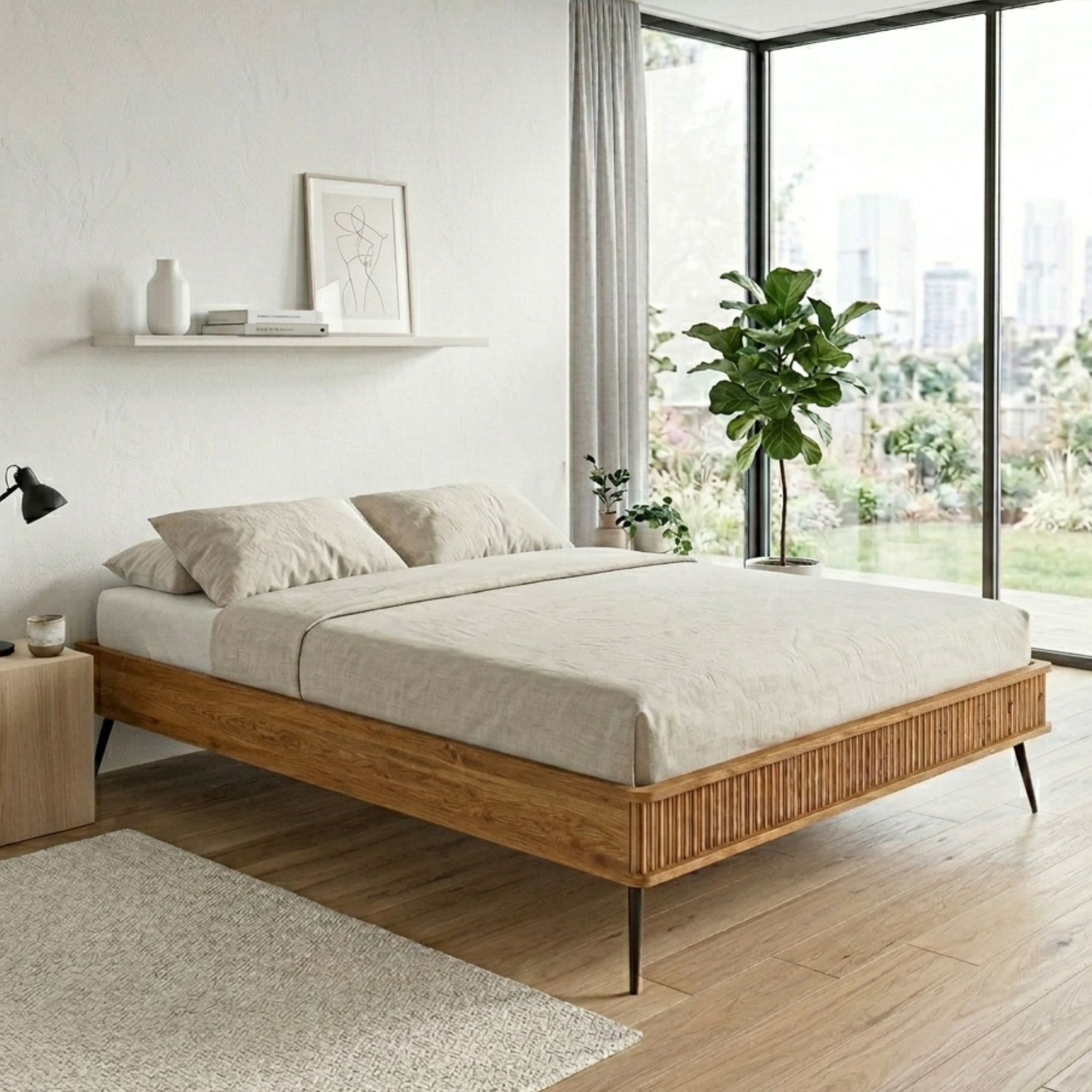 Lit en chêne massif clair 160x200 avec pieds inclinés en métal - LT36002
