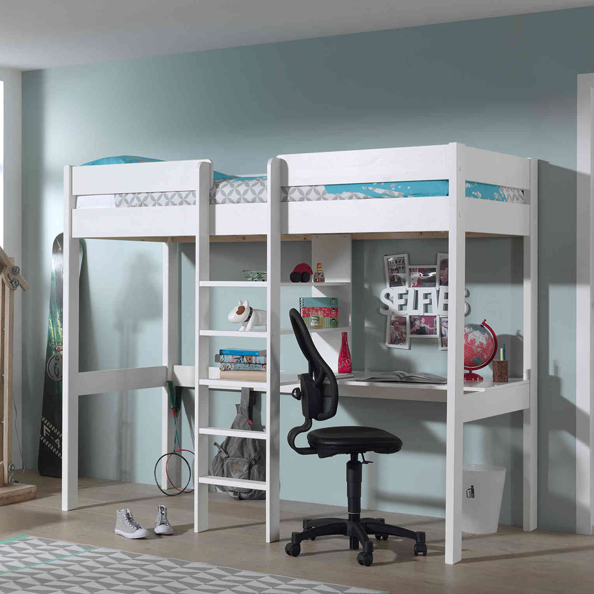 Lit Mezzanine Blanc 90x200 avec échelle centrale - Terre de Nuit