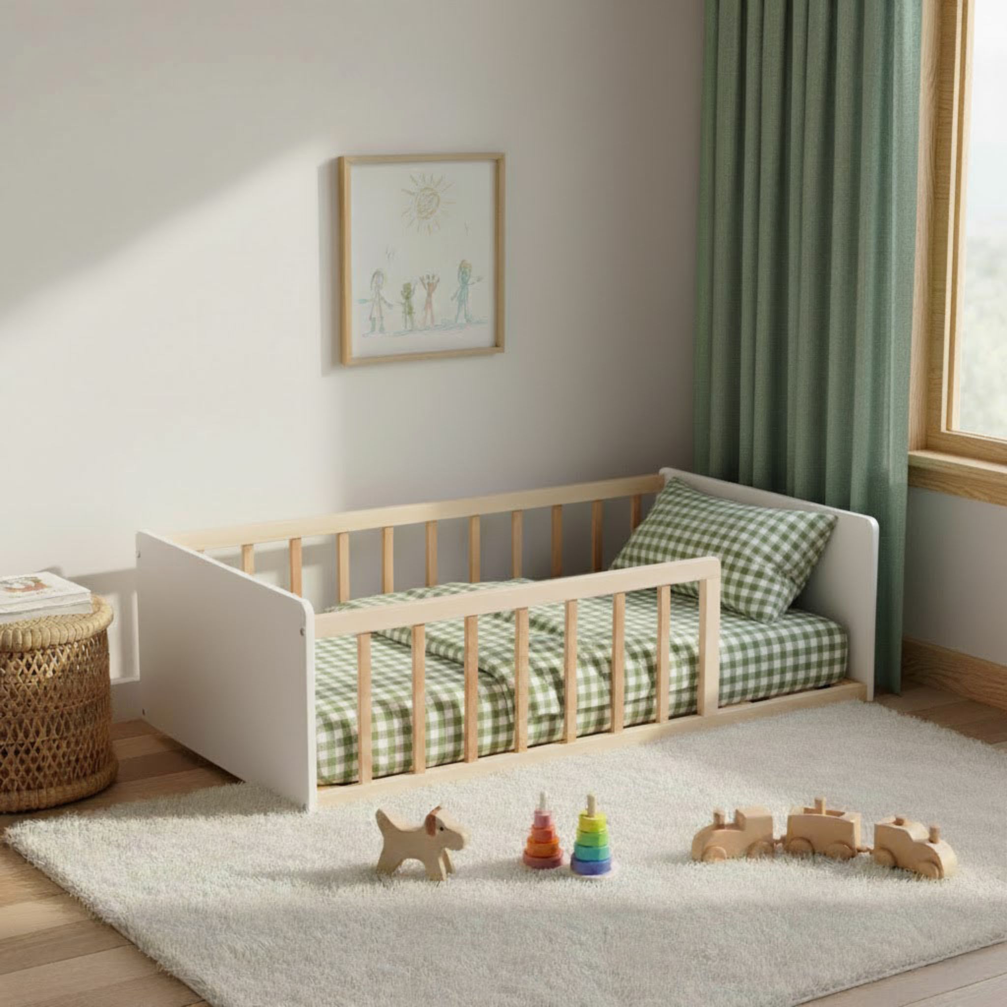 Lit enfant inspiration Montessori au sol à barreaux naturel et blanc