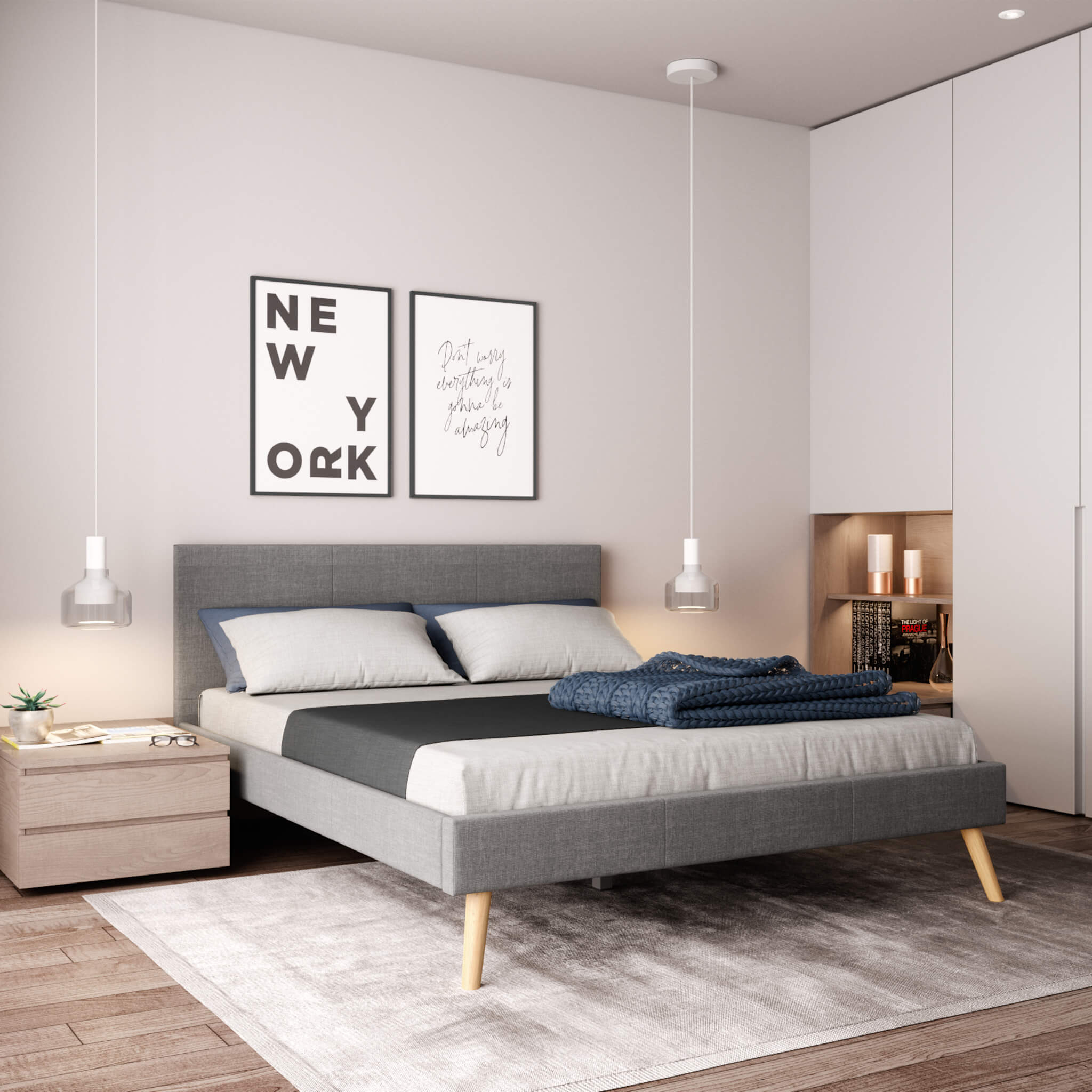 Lit en bois avec tête de lit tissu gris clair 160x200 - LT17020