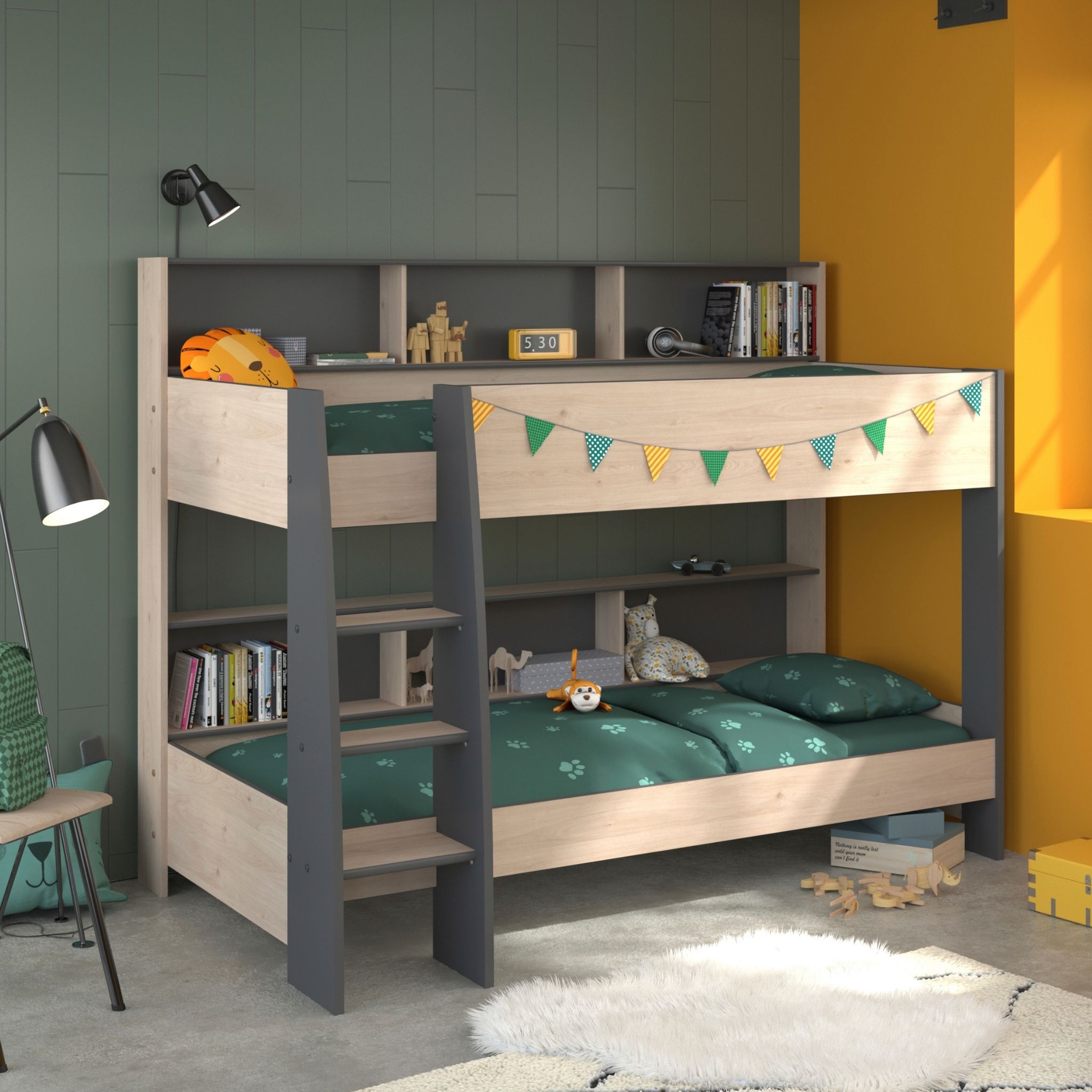 Lit superposé avec rangements 90x200 bois clair et gris