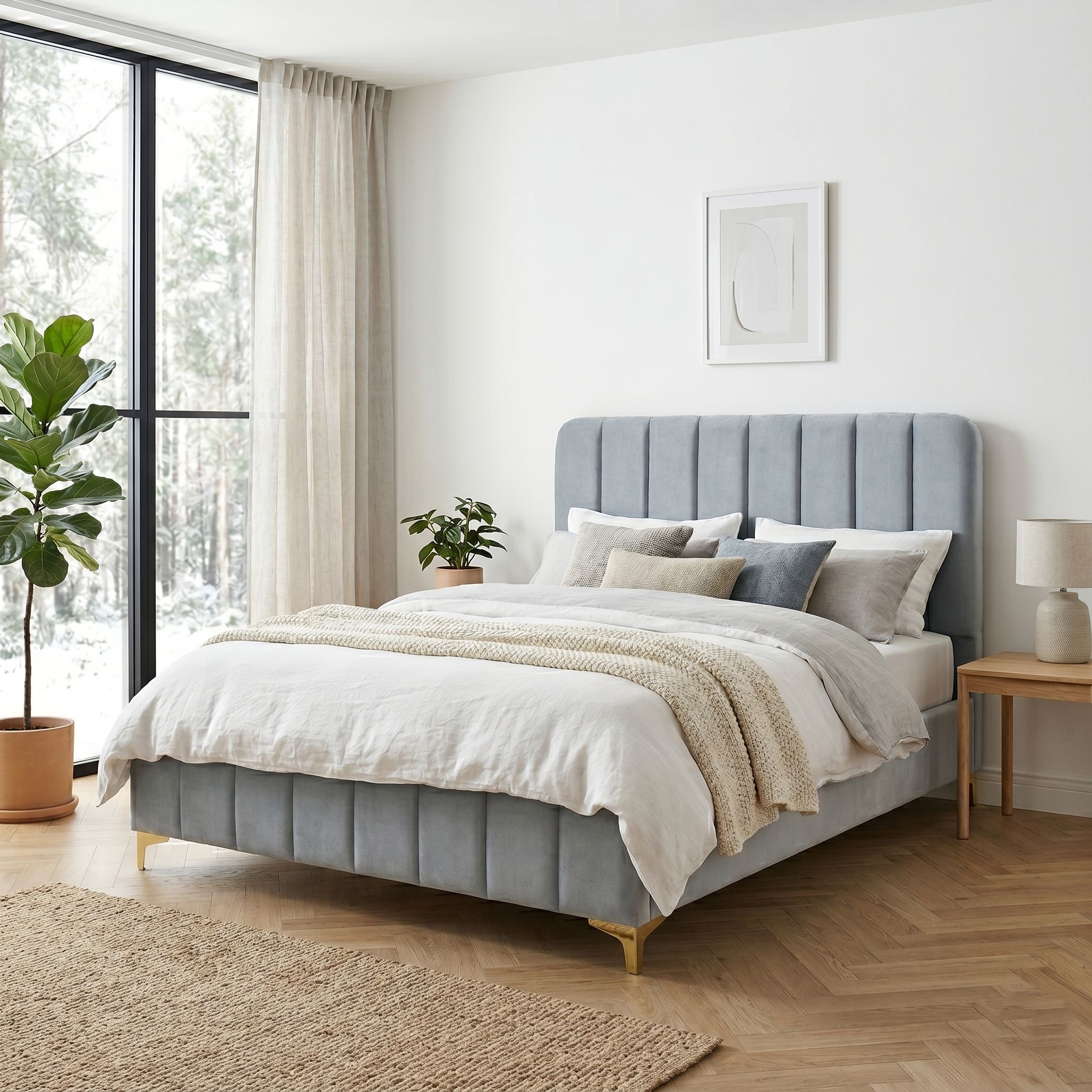 Lit 140x190 en velours bleu grisé avec pieds en métal dorés Terre de Nuit