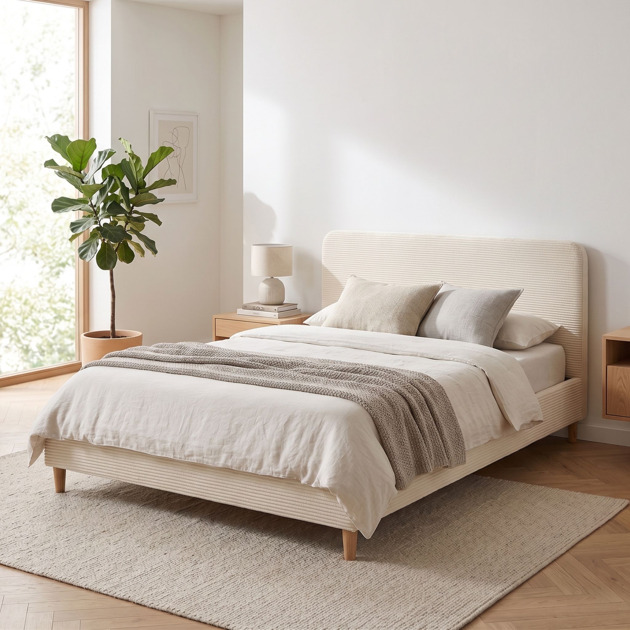 Lit 140x190 en velours côtelé écru avec pieds en bois Terre de Nuit