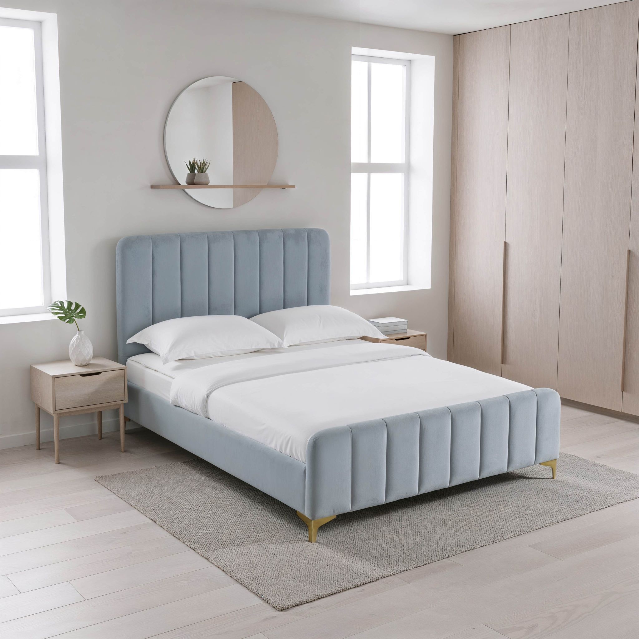 Lit 140x190 en velours avec pieds en métal dorés bleu grisé