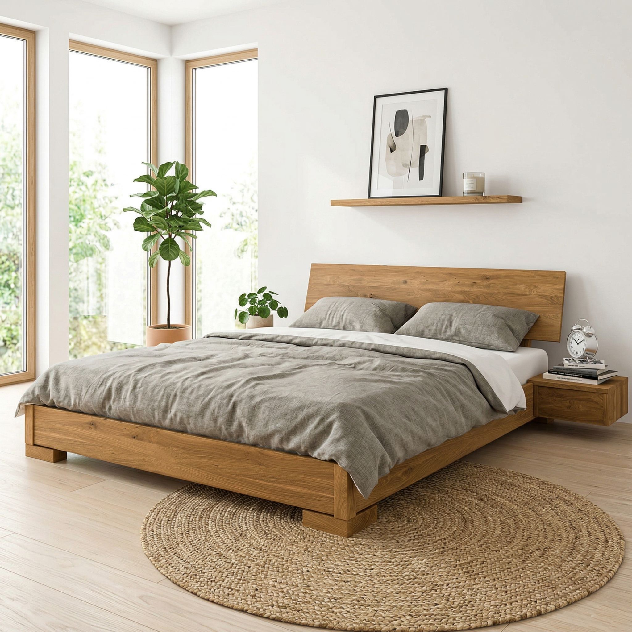 Lit avec tête de lit intégrée en chêne massif clair 140x190 - LT36007