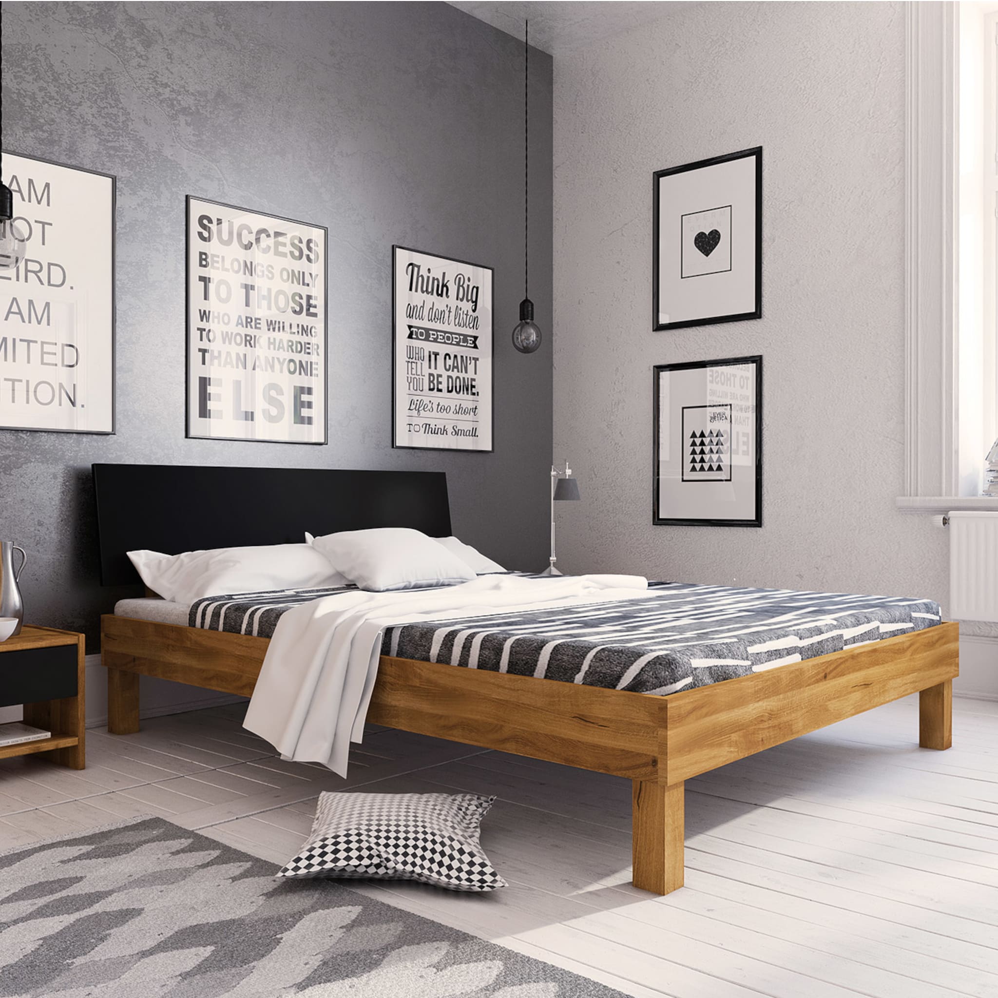 Lit avec pieds carrés en chêne massif clair 160x200 et tête de lit noire - LT36005
