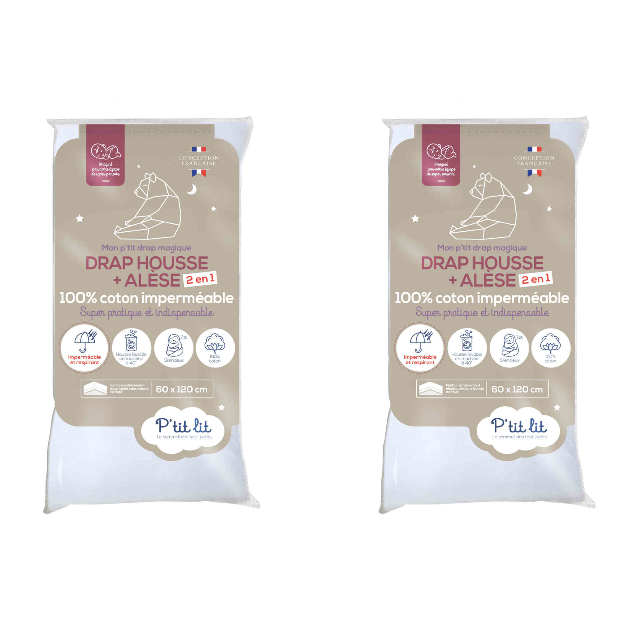 Lot de 2 draps housses bébé + alèses 2 en 1 coton imperméable blanc 60x120 cm