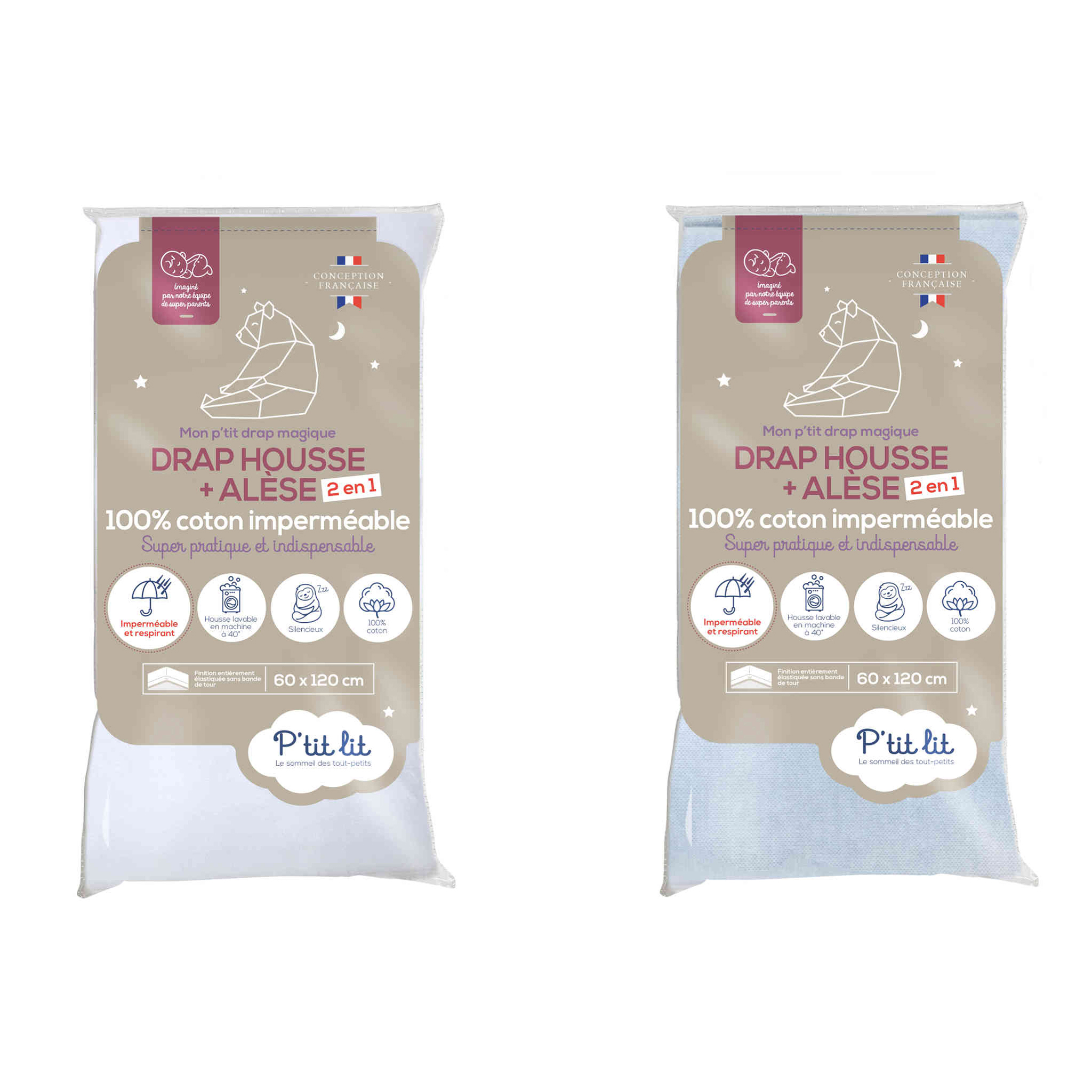 Lot de 2 draps housses bébé + alèses 2 en 1 coton imperméable blanc et gris 70x140 cm