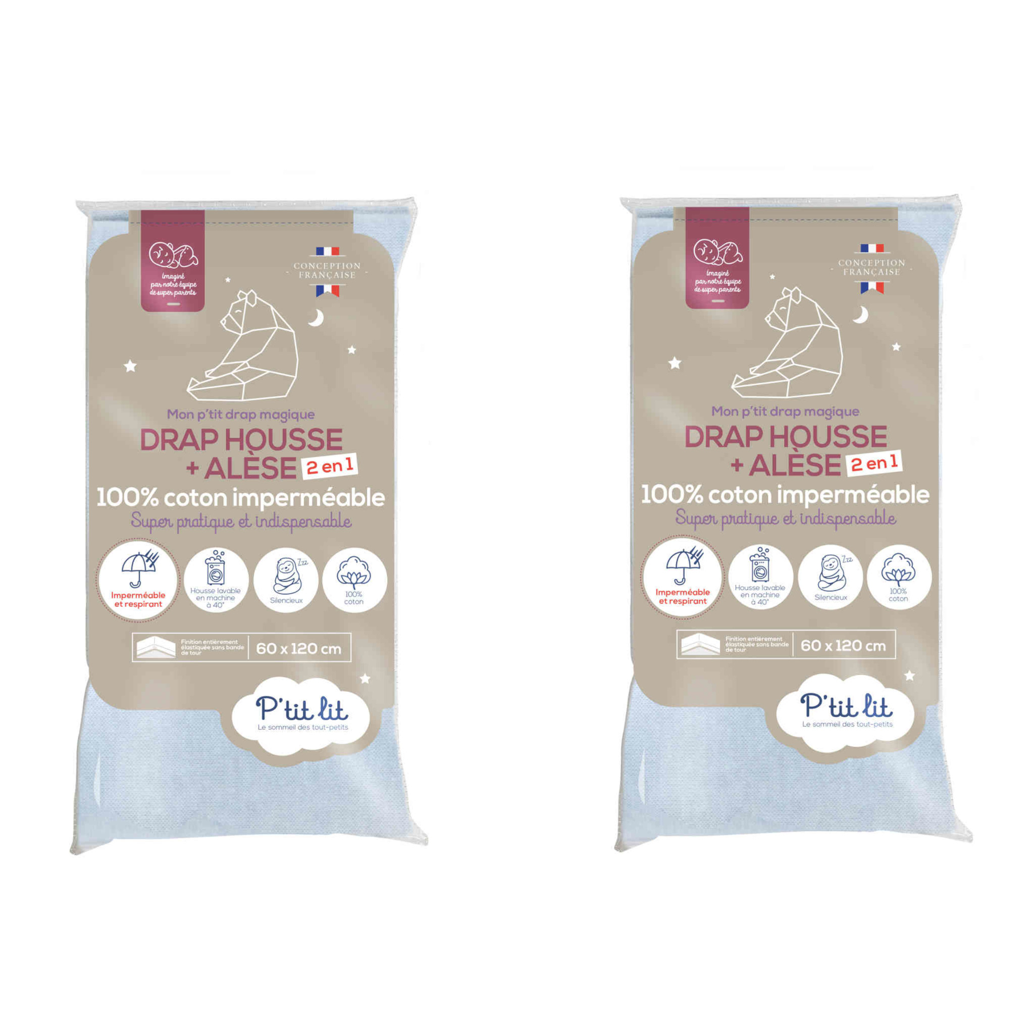 Lot de 2 draps housses bébé + alèses 2 en 1 coton imperméable gris 70x140 cm