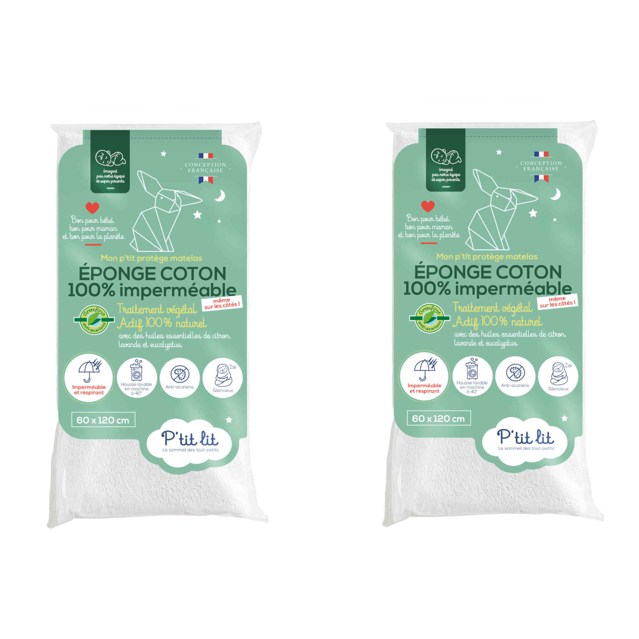 Lot de 2 protège matelas bébé éponge coton 100% imperméable et anti-acariens 70x140 cm