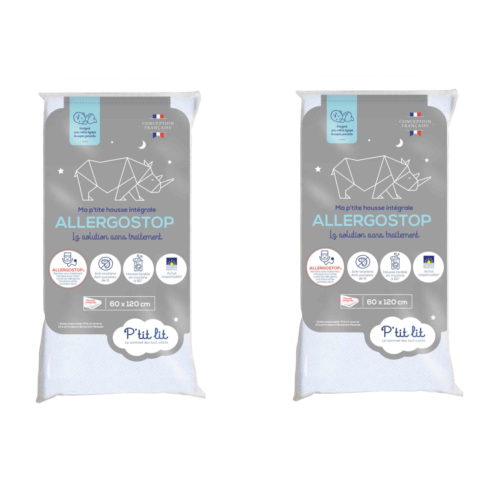 Lot de 2 protège matelas bébé Allergostop sans traitement 60x120 cm