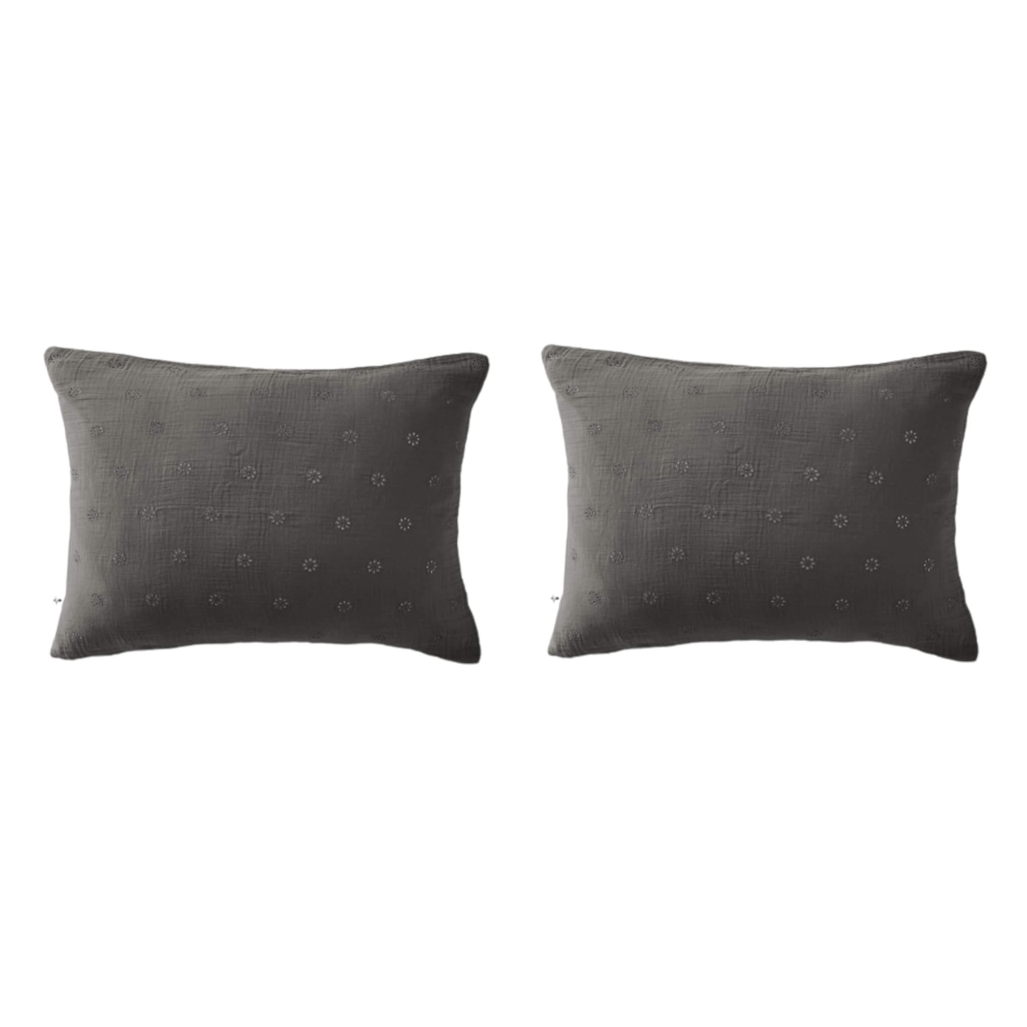 Lot de 2 taies d'oreillers brodées double gaze de coton gris anthracite